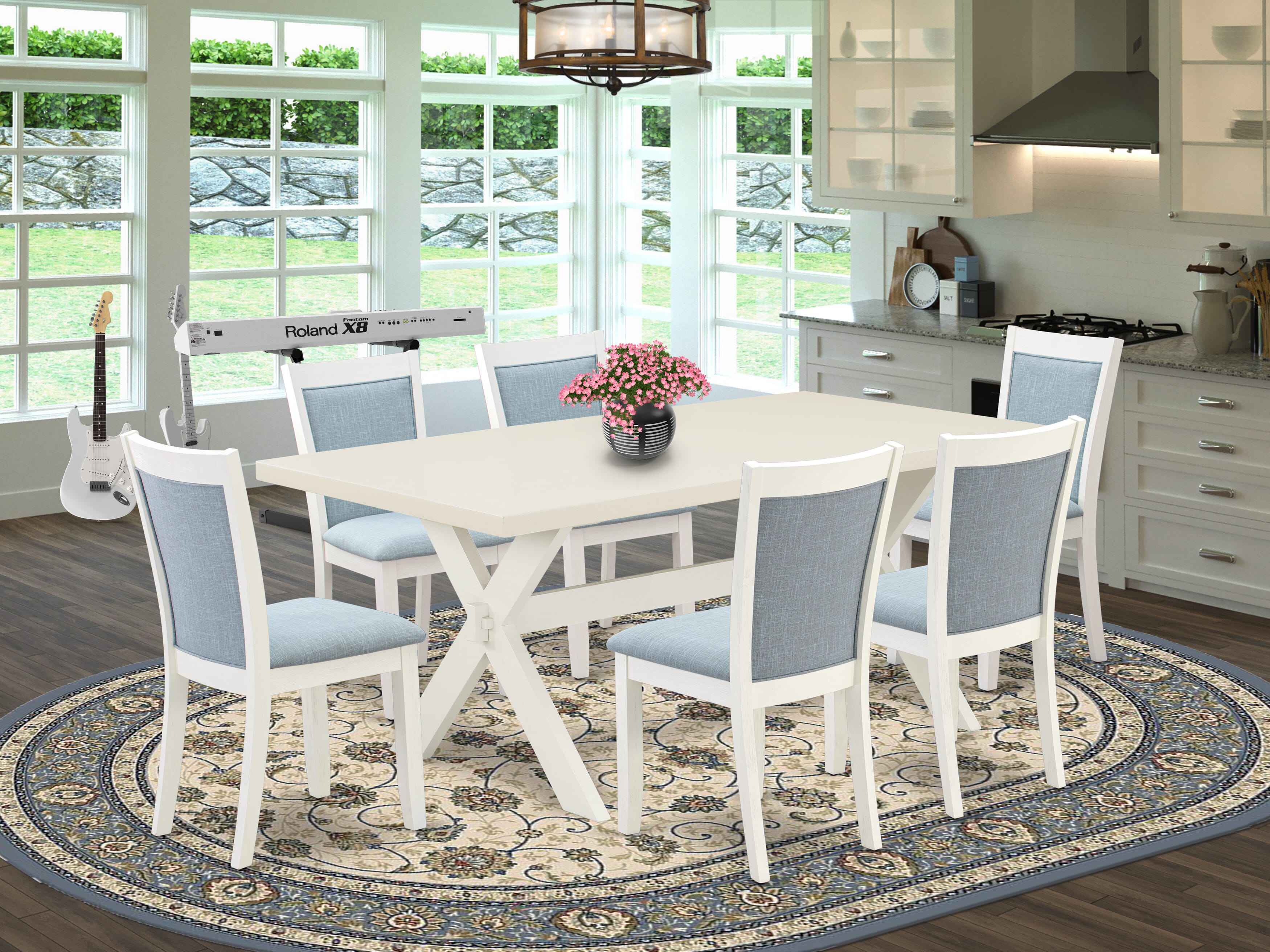 East West Furniture X027MZ015-7 7-Pc Dining Set Includes a Wooden Table and 6 Baby Blue Linen Fabric Dining Room Chairs with Stylish Back - Wire Brushed linen white Finish