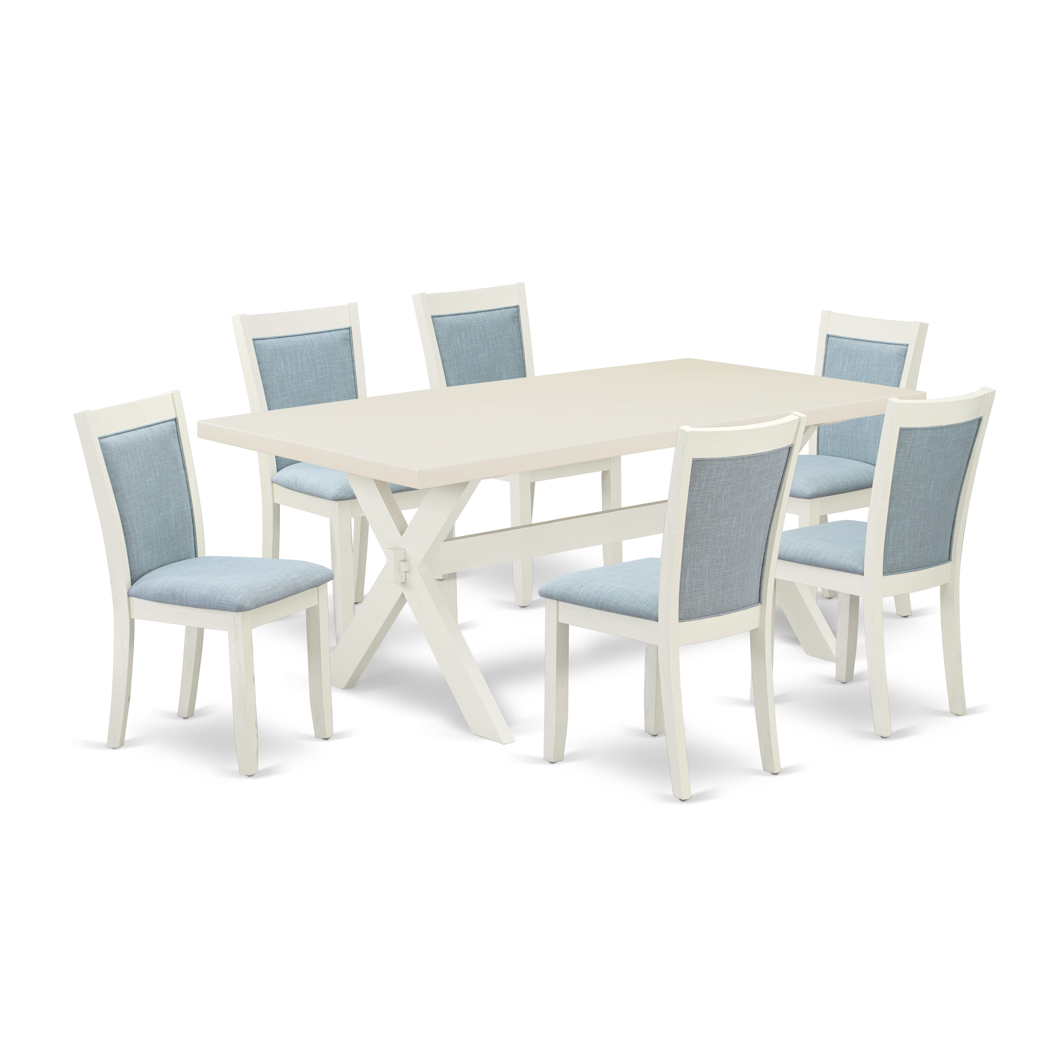 East West Furniture X027MZ015-7 7-Pc Dining Set Includes a Wooden Table and 6 Baby Blue Linen Fabric Dining Room Chairs with Stylish Back - Wire Brushed linen white Finish