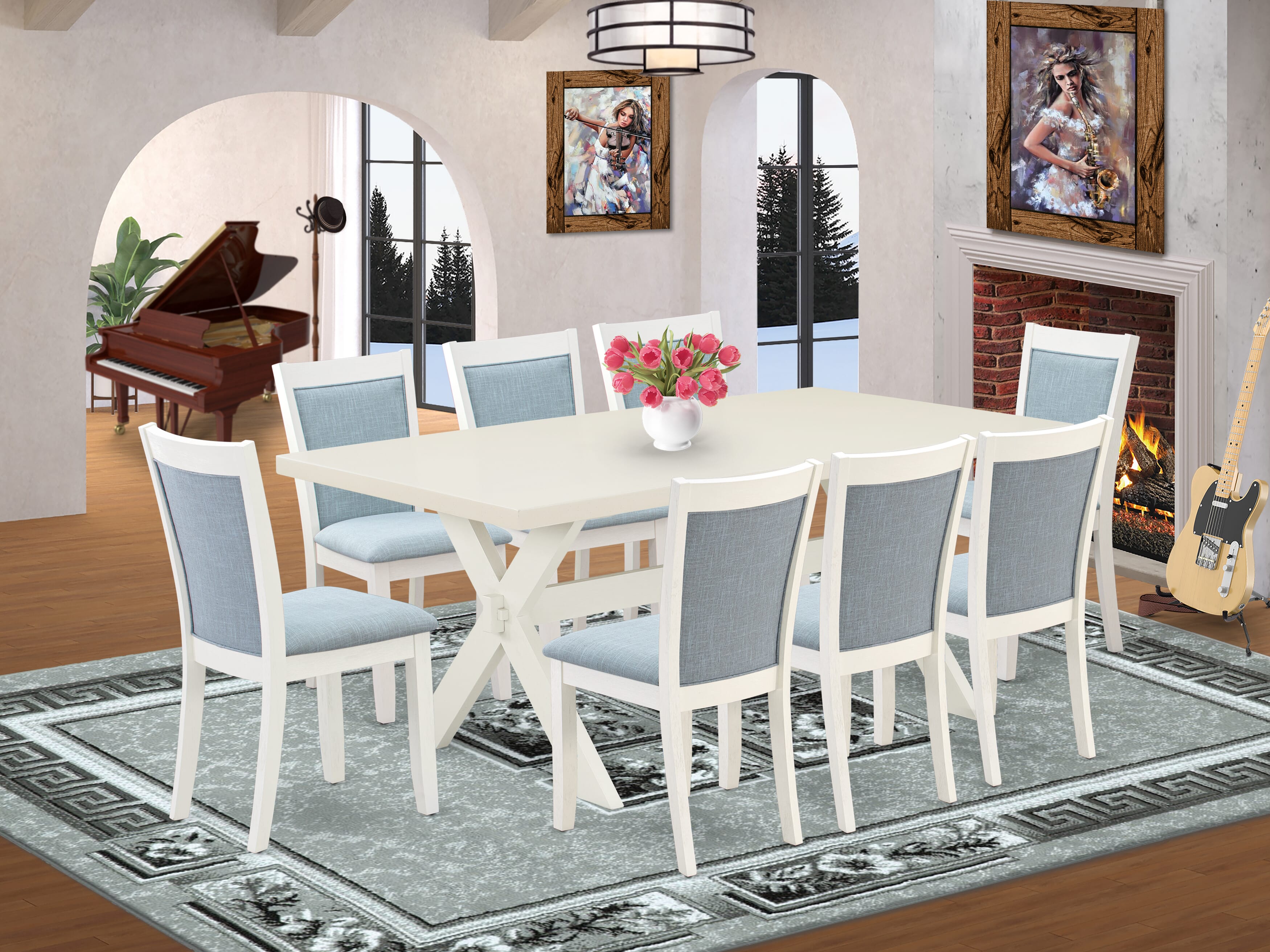East West Furniture X027MZ015-9 9-Pc Modern Dining Table Set Includes a Wooden Dining Table and 8 Baby Blue Linen Fabric Dinner Chairs with Stylish Back - Wire Brushed linen white Finish