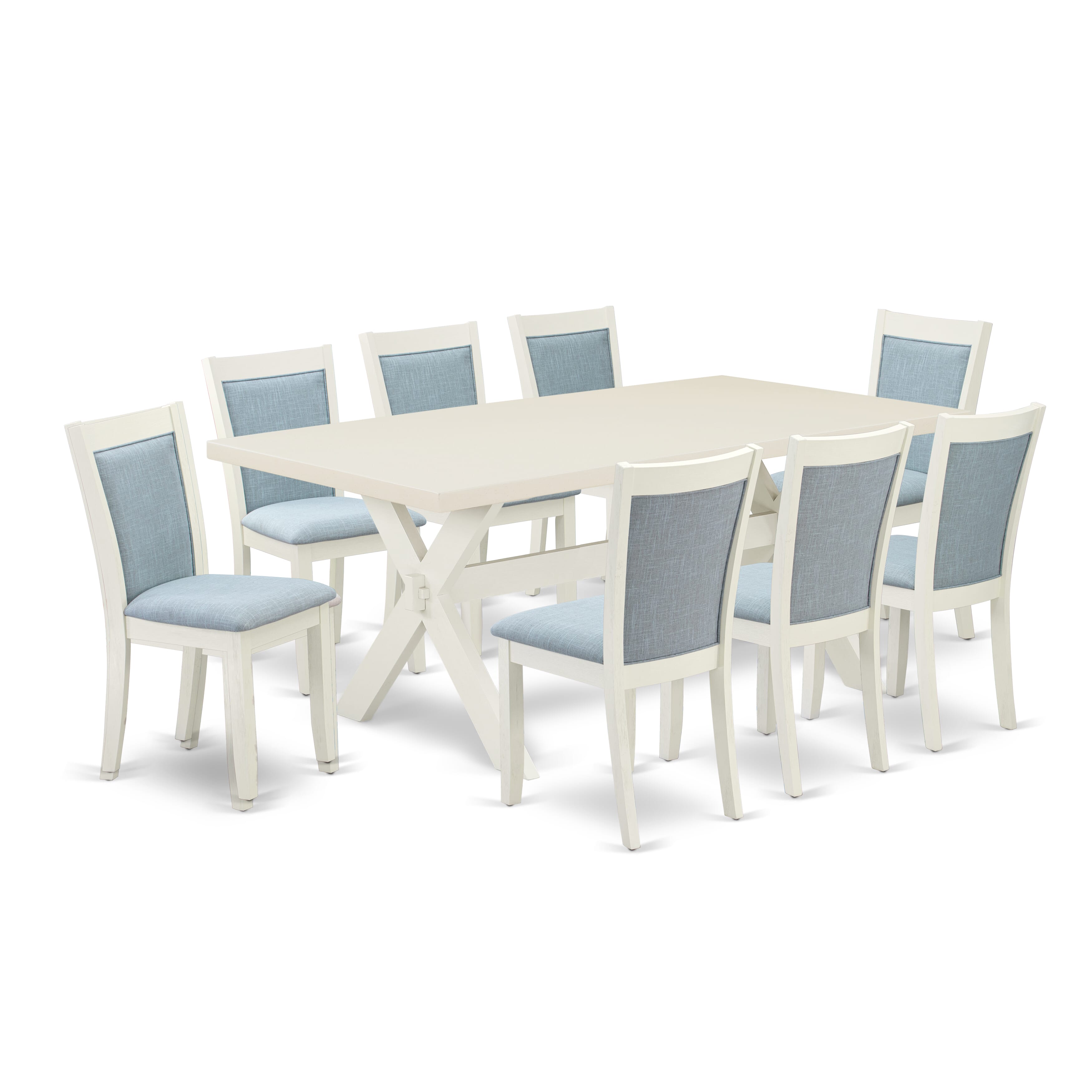 East West Furniture X027MZ015-9 9-Pc Modern Dining Table Set Includes a Wooden Dining Table and 8 Baby Blue Linen Fabric Dinner Chairs with Stylish Back - Wire Brushed linen white Finish