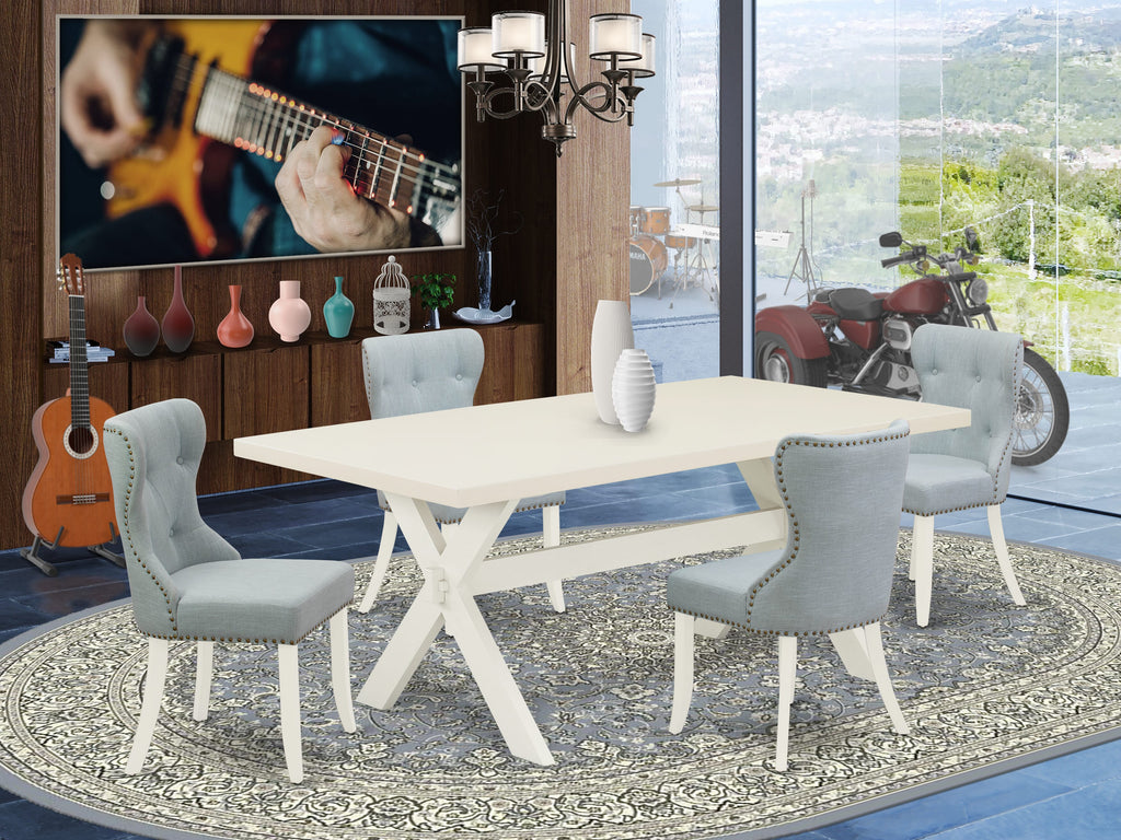 Juego de mesa de comedor de 5 piezas East West Furniture X027SI215-5. Incluye una mesa de comedor rectangular con patas en forma de X y 4 sillas Parson tapizadas en tela de lino azul bebé.