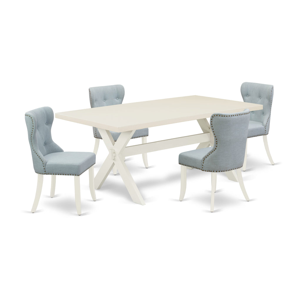 Juego de mesa de comedor de 5 piezas East West Furniture X027SI215-5. Incluye una mesa de comedor rectangular con patas en forma de X y 4 sillas Parson tapizadas en tela de lino azul bebé.