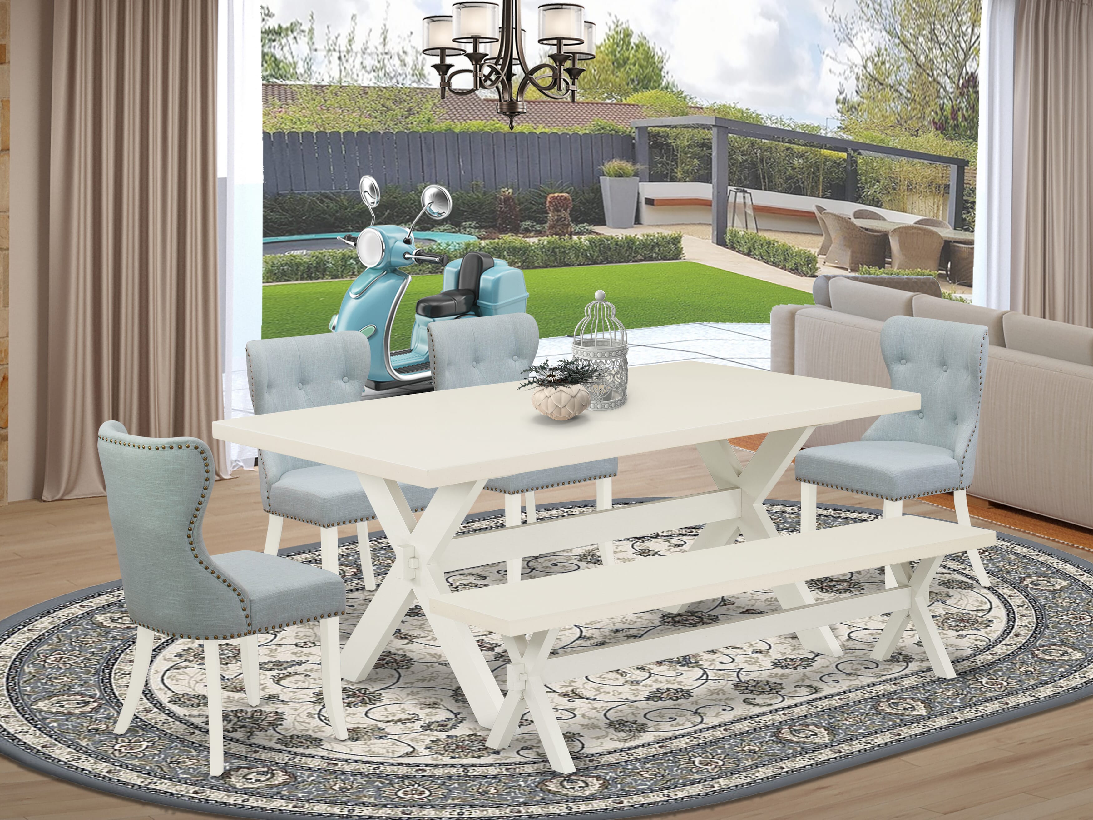 East West Furniture 6-Pc Dinette Set- 4 dining room chairs with Baby Blue Linen Fabric Seat and Button Tufted Chair Back - Rectangular top & Wooden Cross Legs Dining Table and Wood Bench (linen white Finish)