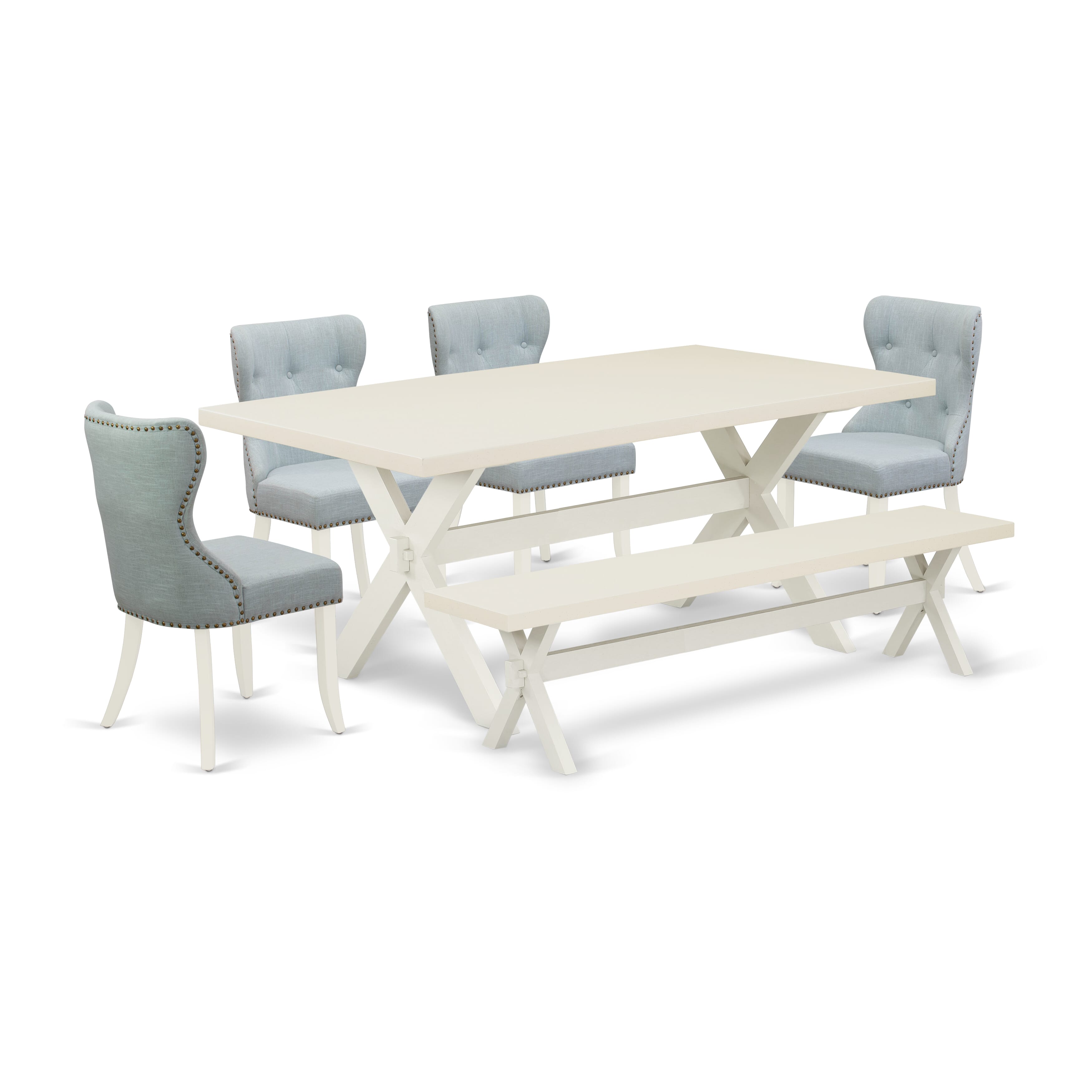 East West Furniture 6-Pc Dinette Set- 4 dining room chairs with Baby Blue Linen Fabric Seat and Button Tufted Chair Back - Rectangular top & Wooden Cross Legs Dining Table and Wood Bench (linen white Finish)