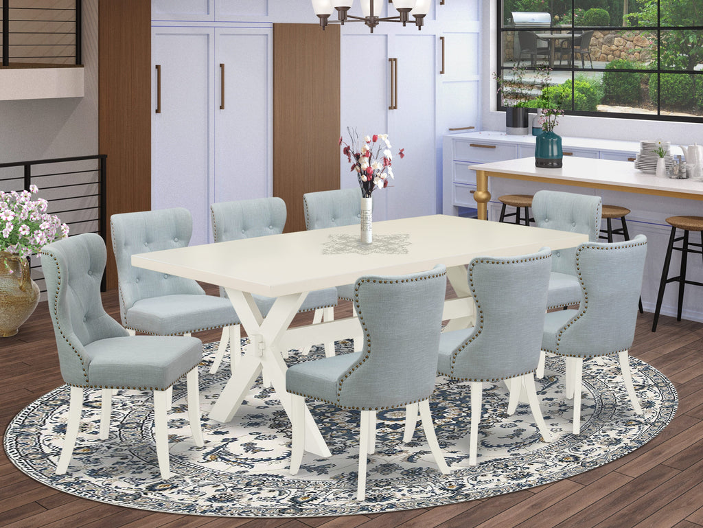 Juego de mesa de comedor de 9 piezas East West Furniture X027SI215-9. Incluye una mesa de comedor rectangular con patas en forma de X y 8 sillas tapizadas en tela de lino azul bebé.