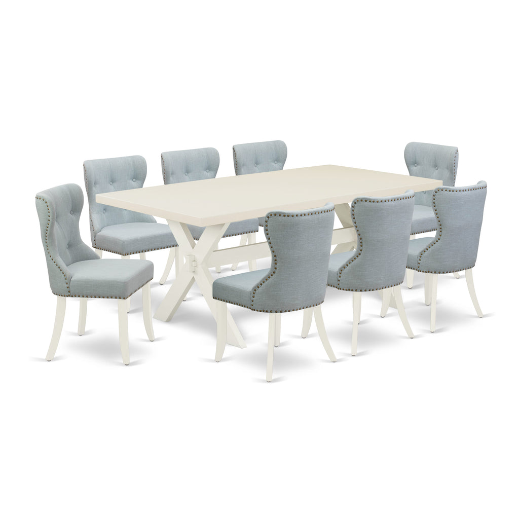 Juego de mesa de comedor de 9 piezas East West Furniture X027SI215-9. Incluye una mesa de comedor rectangular con patas en forma de X y 8 sillas tapizadas en tela de lino azul bebé.