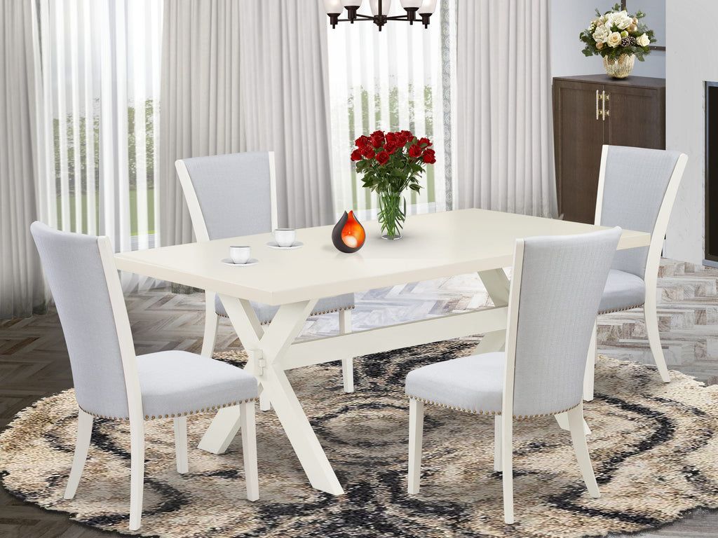 Juego de mesa de comedor de 5 piezas East West Furniture X027VE005-5. Incluye una mesa de cocina rectangular con patas en forma de X y 4 sillas de comedor Parsons de tela de lino gris.