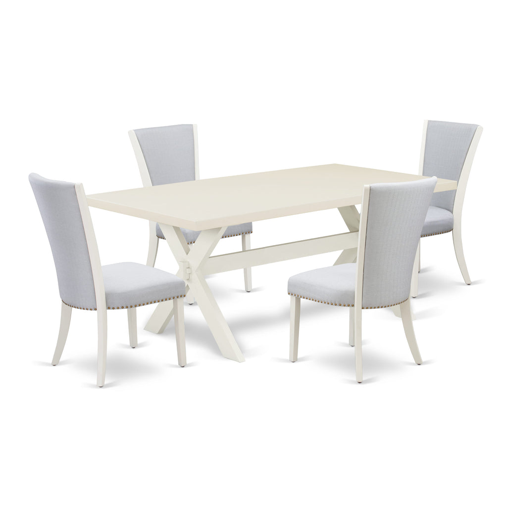 Juego de mesa de comedor de 5 piezas East West Furniture X027VE005-5. Incluye una mesa de cocina rectangular con patas en forma de X y 4 sillas de comedor Parsons de tela de lino gris.