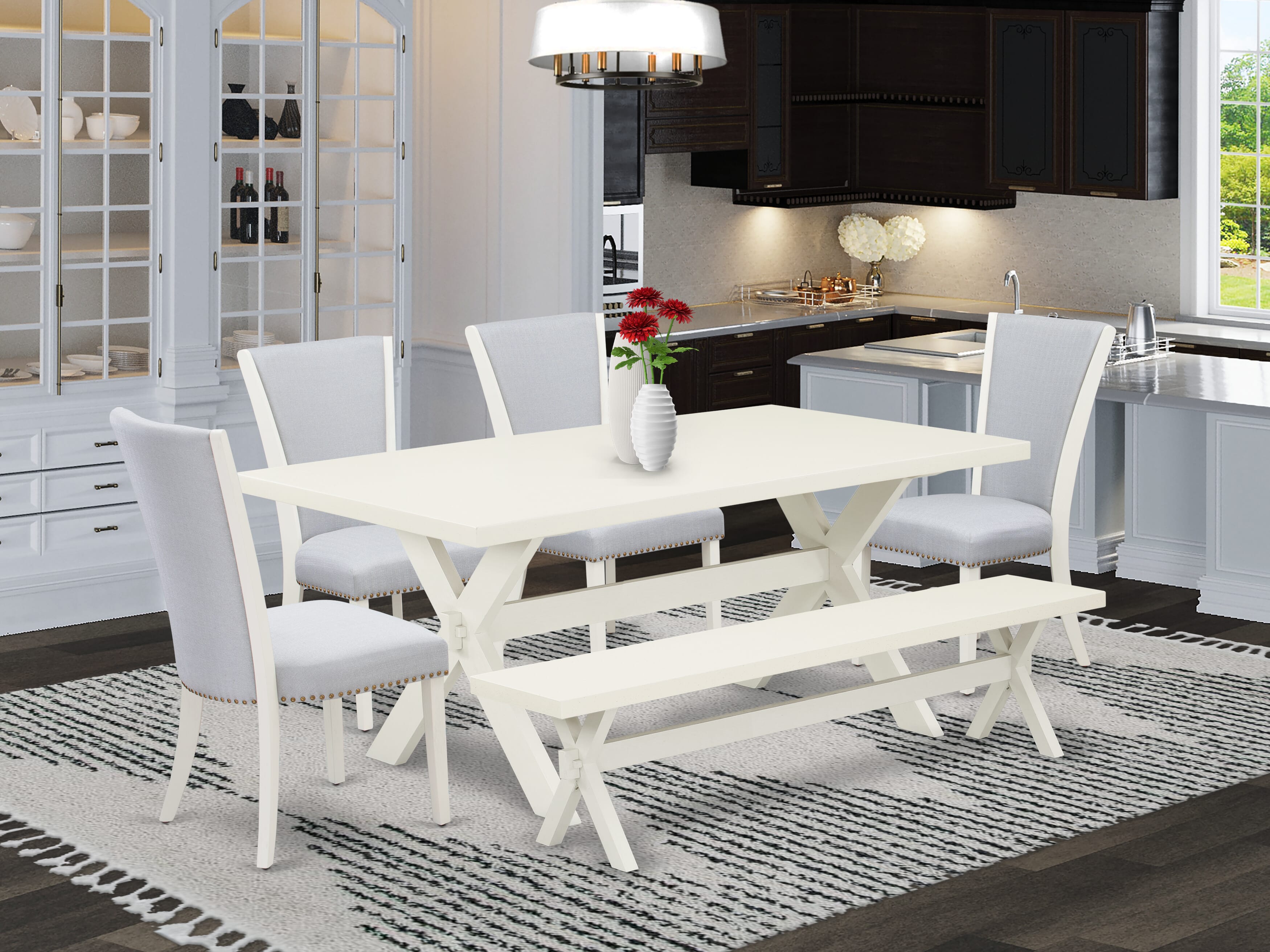 East West Furniture X027VE005-6 6 Piece Table Set - linen white Wooden Dining Table, 1 Wooden Bench and 4 Grey Linen Fabric Parson Chairs with Nailheads - Wire Brushed linen white Finish