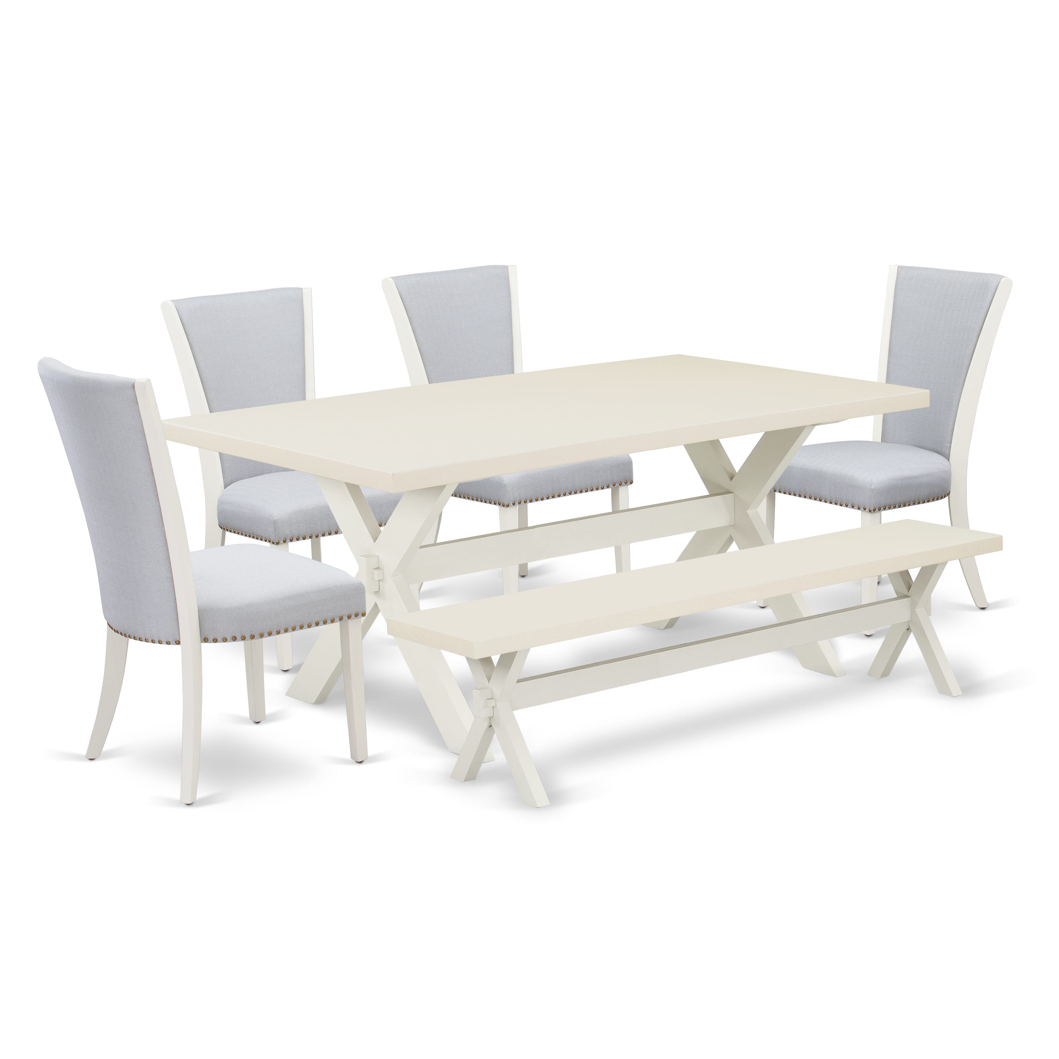 East West Furniture X027VE005-6 6 Piece Table Set - linen white Wooden Dining Table, 1 Wooden Bench and 4 Grey Linen Fabric Parson Chairs with Nailheads - Wire Brushed linen white Finish