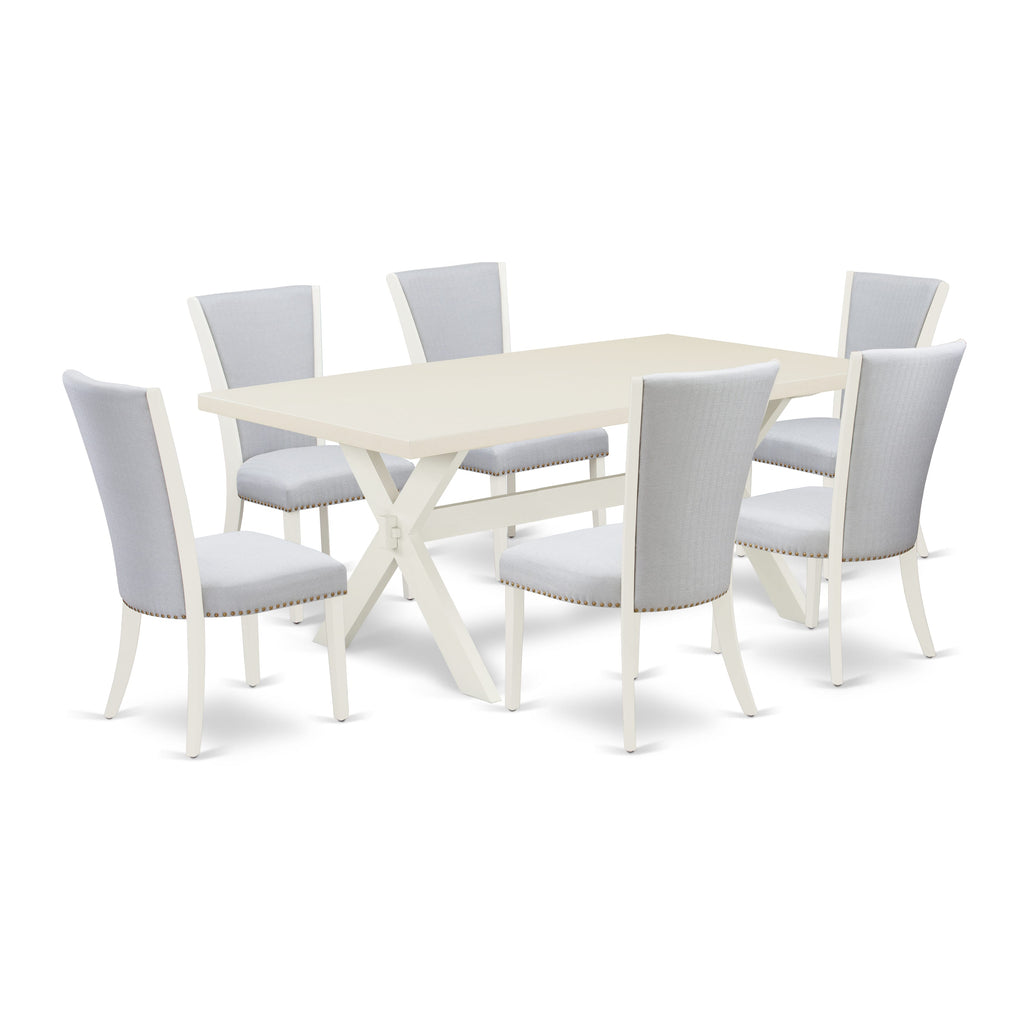 Juego de comedor de 7 piezas East West Furniture X027VE005-7 compuesto por una mesa de comedor rectangular con patas en forma de X y 6 sillas Parson tapizadas en tela de lino gris.