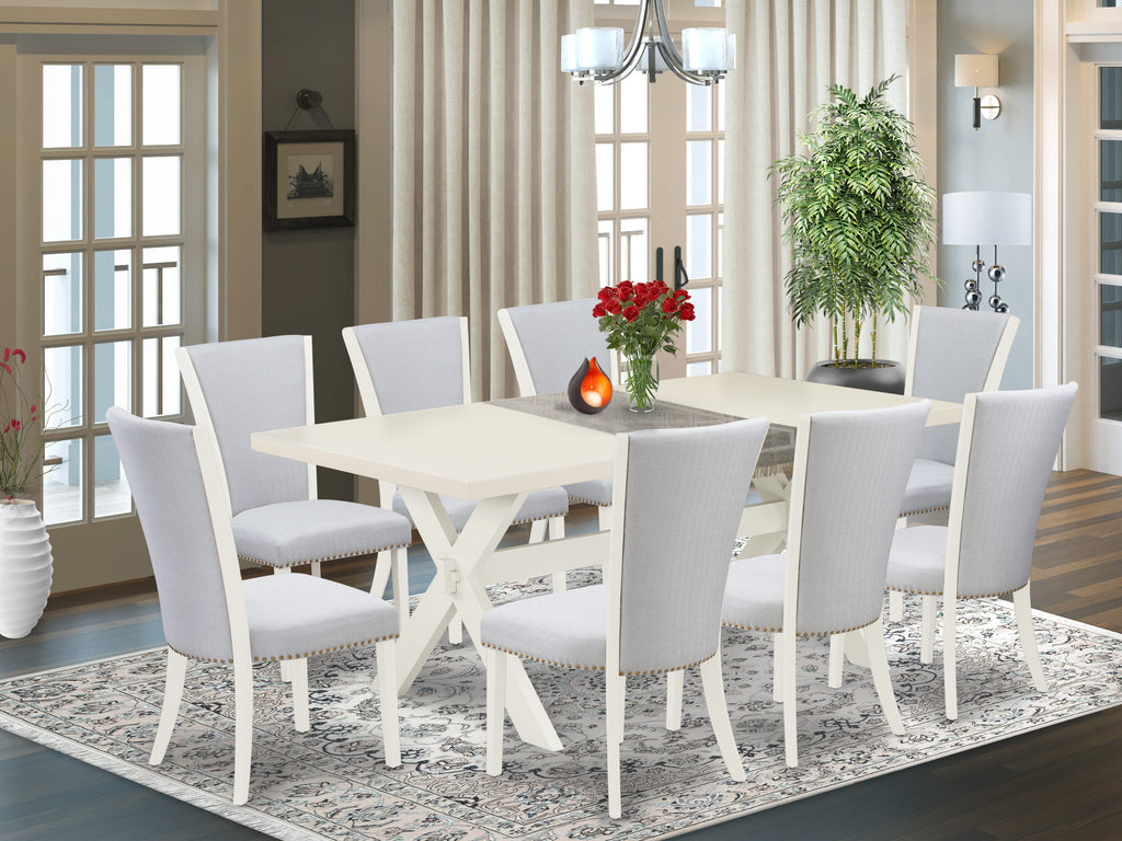 Juego de mesa de comedor de 9 piezas East West Furniture X027VE005-9. Incluye una mesa de cocina rectangular con patas en forma de X y 8 sillas de comedor Parson de tela de lino gris.