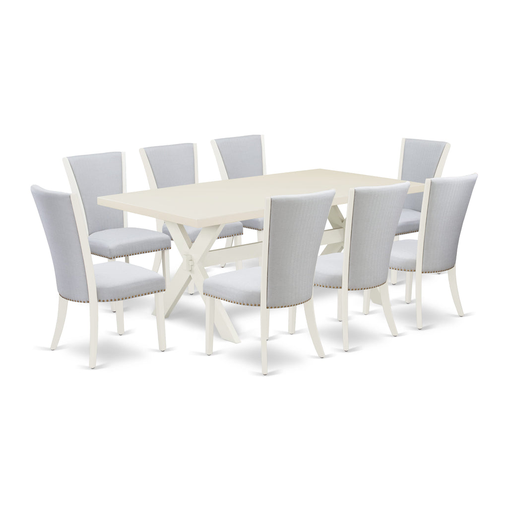 Juego de mesa de comedor de 9 piezas East West Furniture X027VE005-9. Incluye una mesa de cocina rectangular con patas en forma de X y 8 sillas de comedor Parson de tela de lino gris.