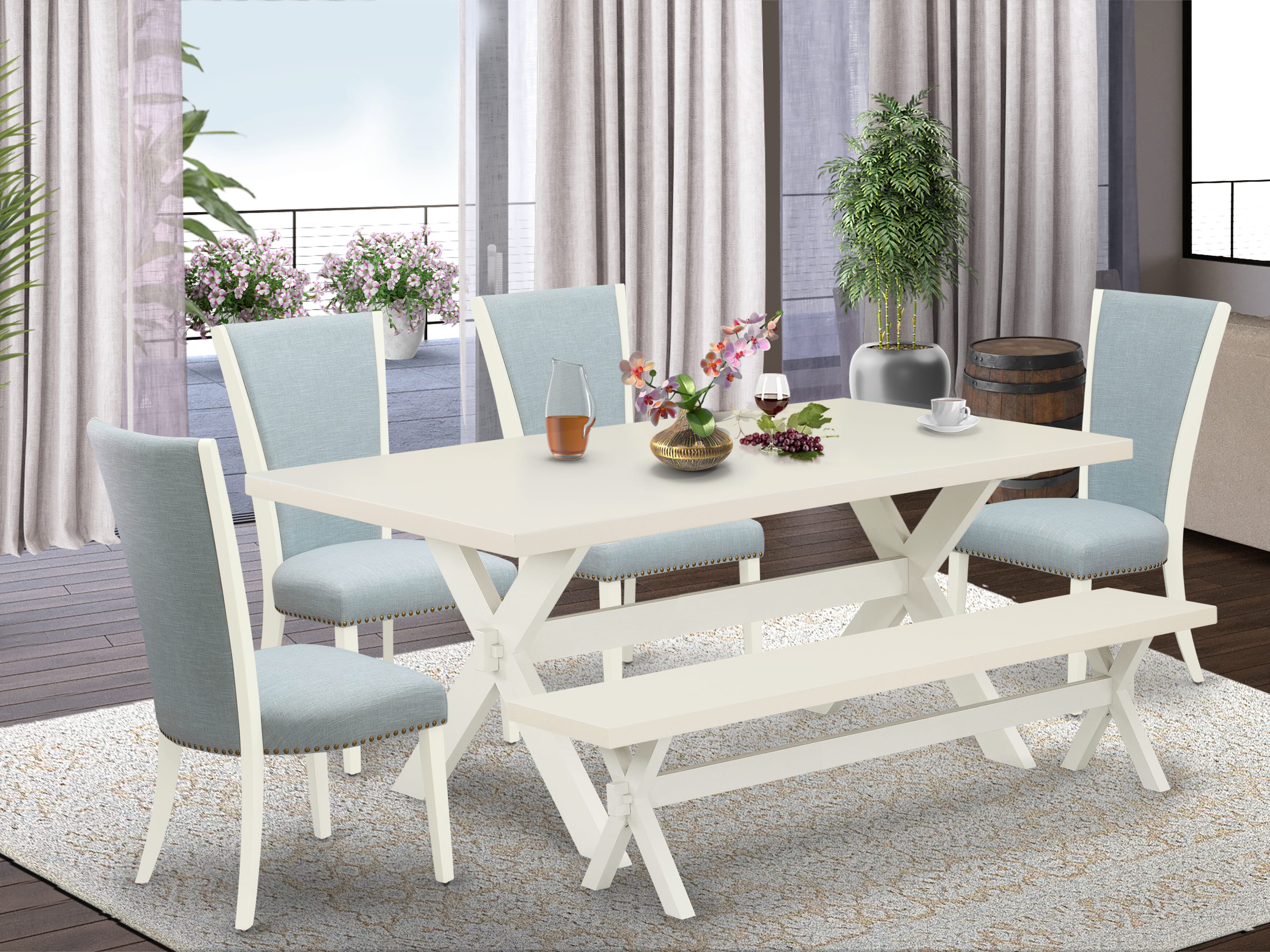 East West Furniture X027VE215-6 6 Piece dining table set - 4 Baby Blue Linen Fabric Dining Chairs with Nailheads and linen white Dining Table - 1 Modern Bench - linen white Finish