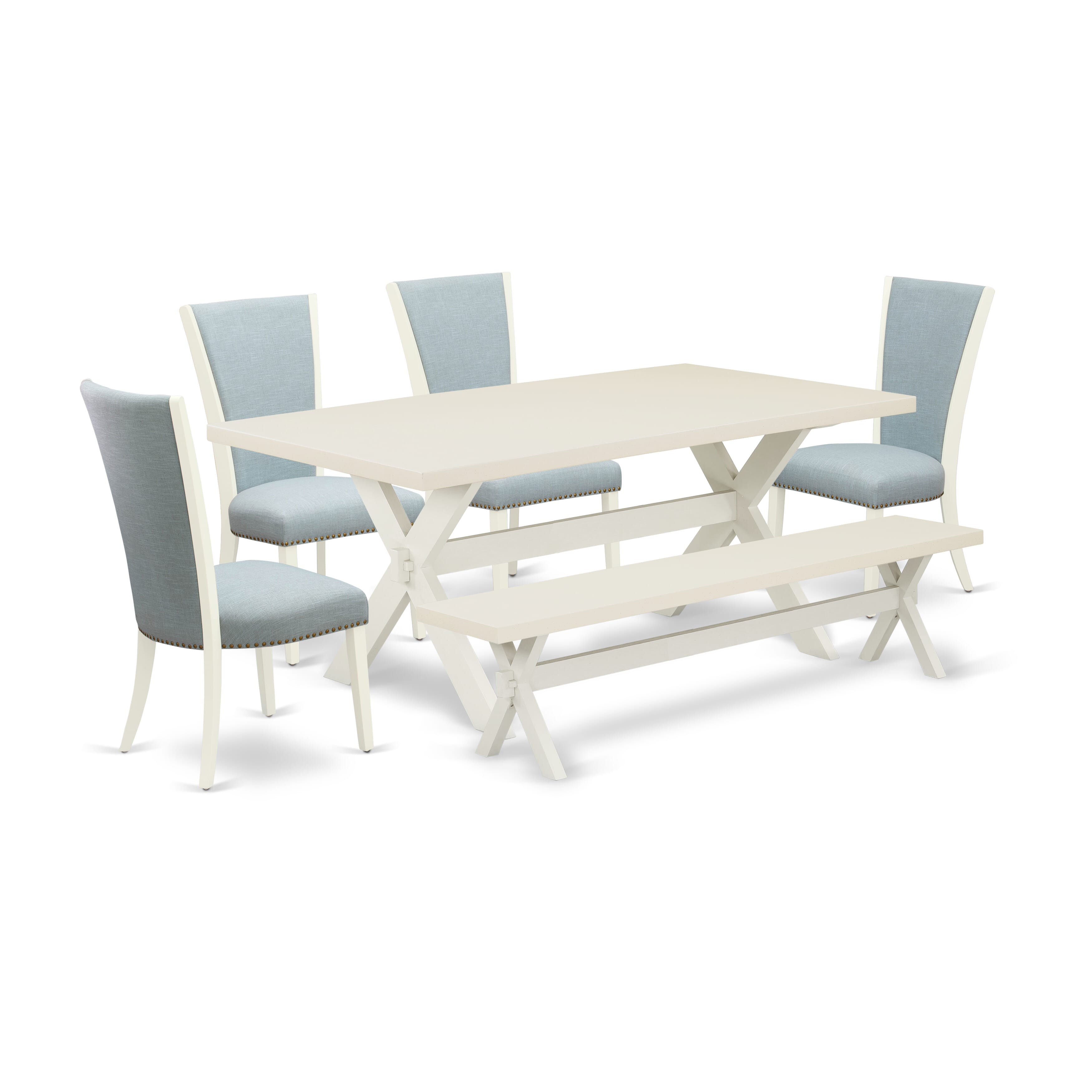 East West Furniture X027VE215-6 6 Piece dining table set - 4 Baby Blue Linen Fabric Dining Chairs with Nailheads and linen white Dining Table - 1 Modern Bench - linen white Finish
