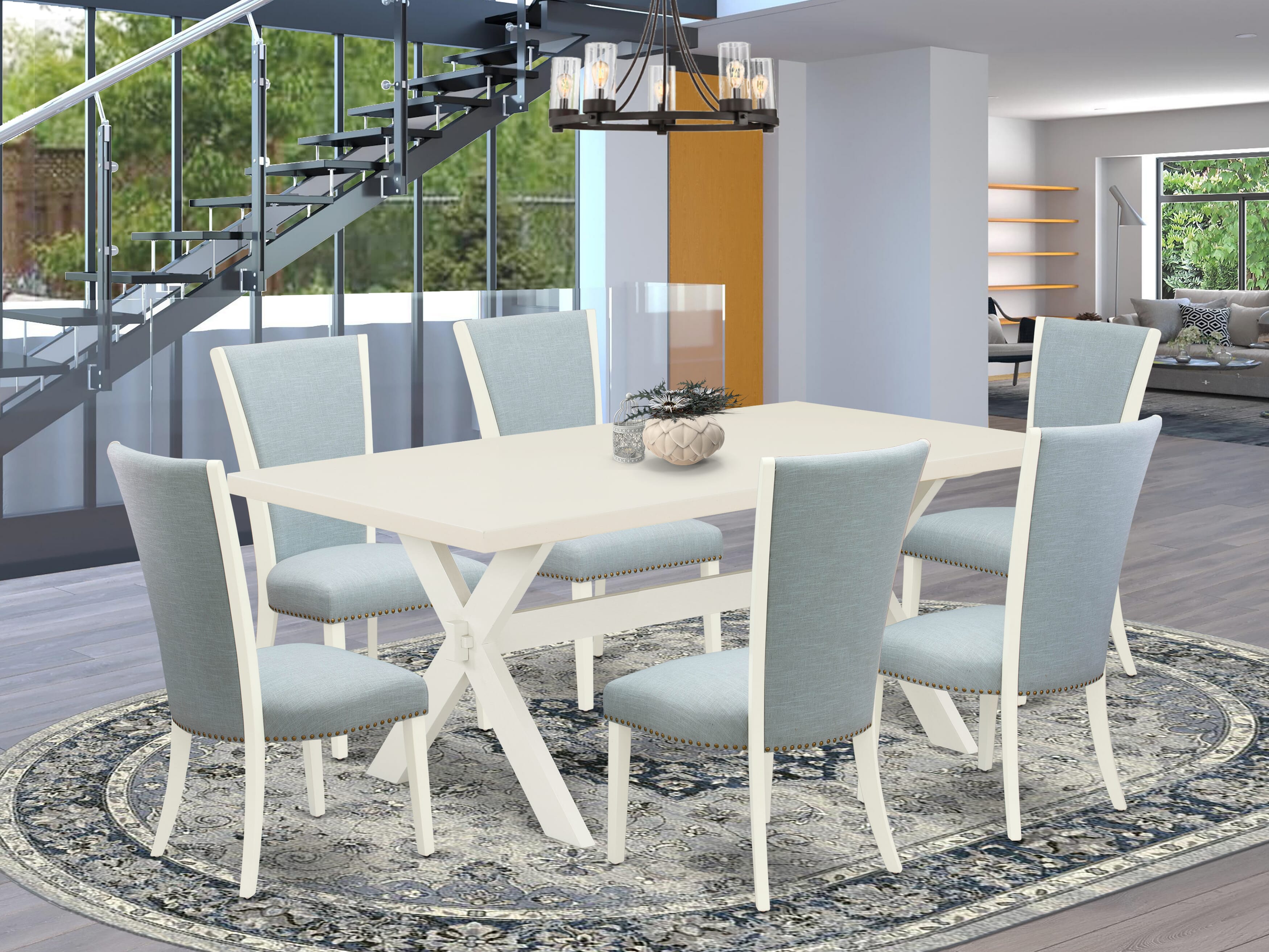 East West Furniture X027VE215-7 7 Piece Table Set - 6 Baby Blue Linen Fabric Upholstered Dining Chairs with Nail Heads and linen white Wooden Table - linen white Finish