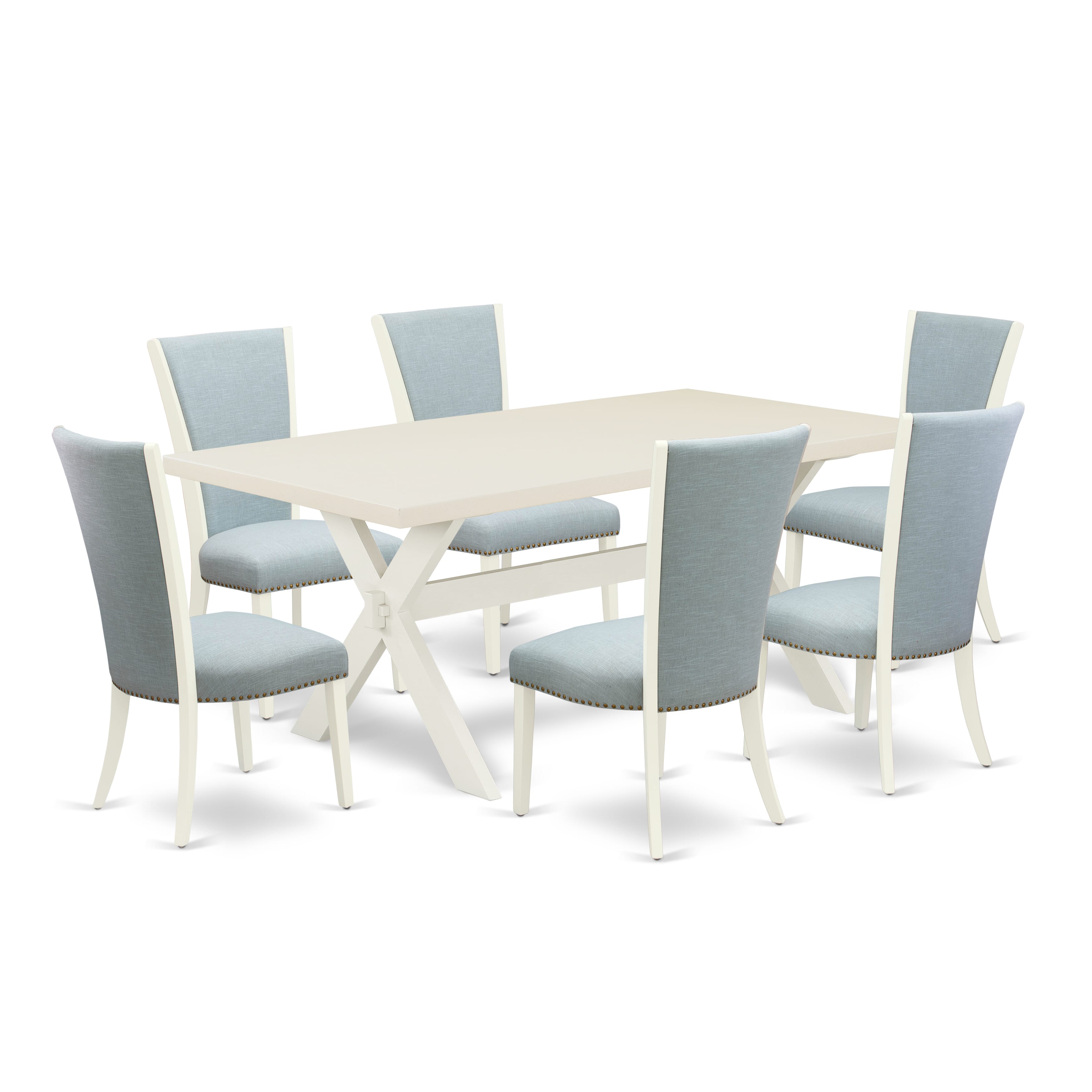 East West Furniture X027VE215-7 7 Piece Table Set - 6 Baby Blue Linen Fabric Upholstered Dining Chairs with Nail Heads and linen white Wooden Table - linen white Finish