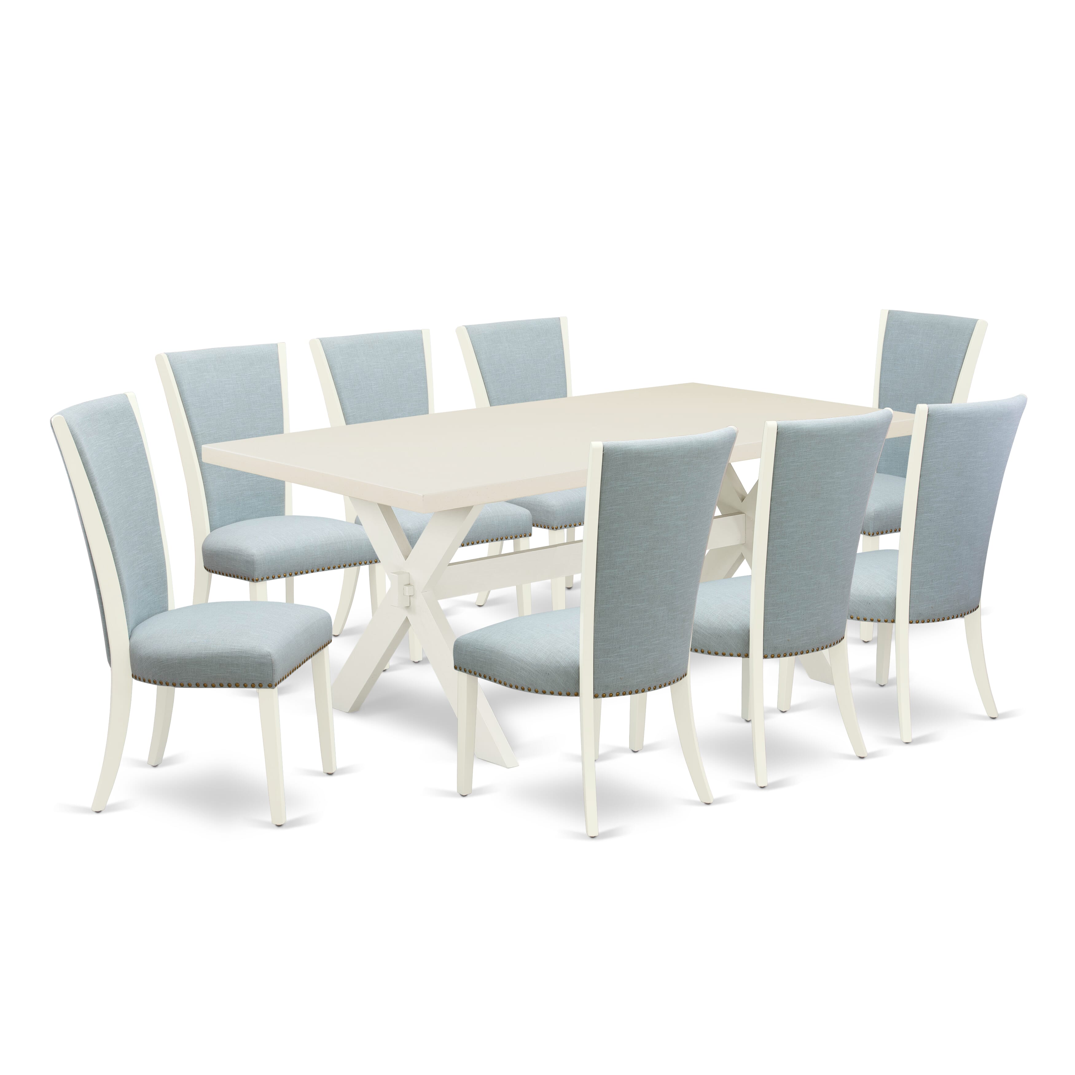 East West Furniture X027VE215-9 9 Piece Mid Century Dining Set - 8 Baby Blue Linen Fabric Dinning Chairs with Nailheads and linen white Dining Table - linen white Finish