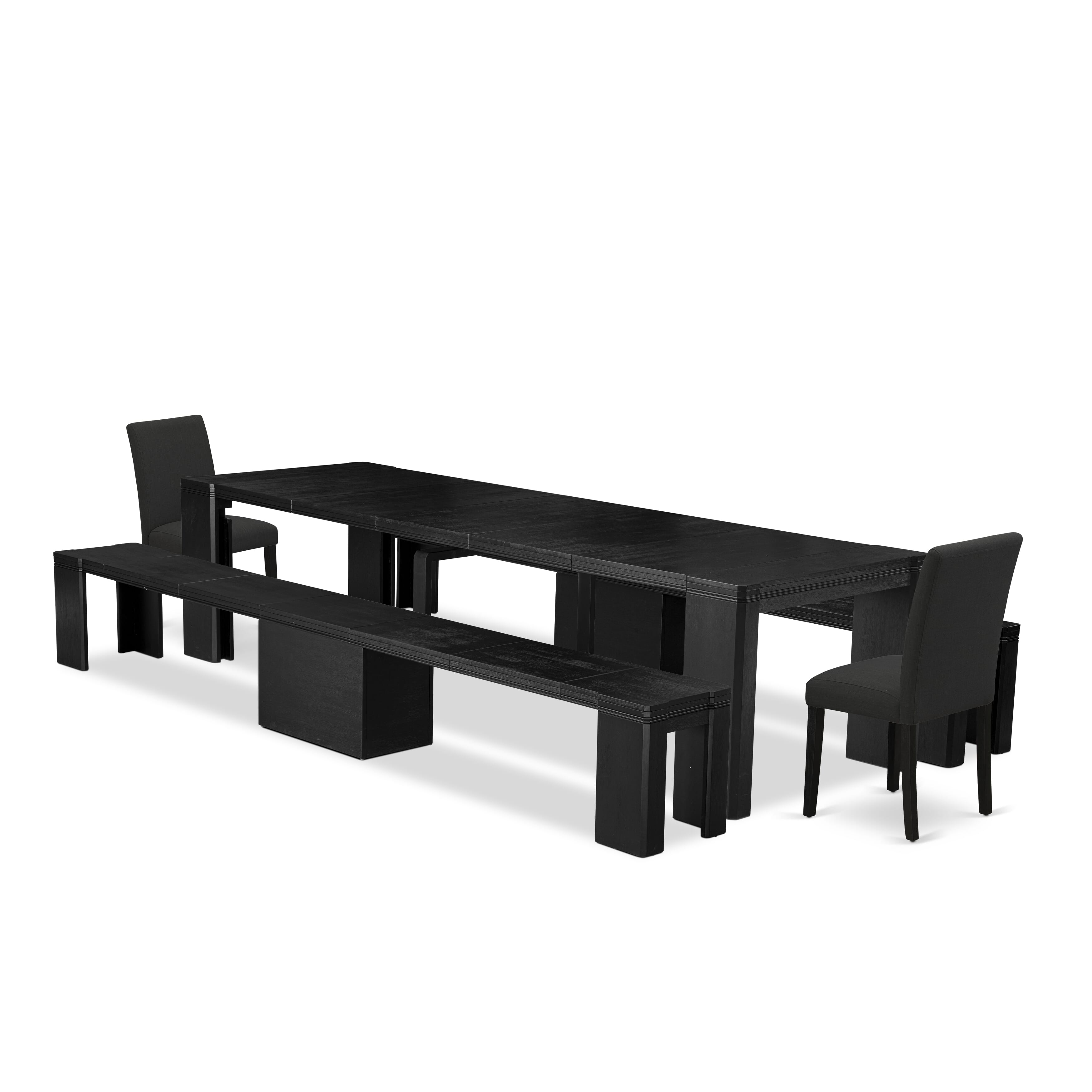 X02AB-206-24 5-piece Xtenczar Dining Table Set a Rectangular Kitchen Table and 2 wooden Benches and 2 Black Linen Fabric Dining Chair, Wire Brushed Black