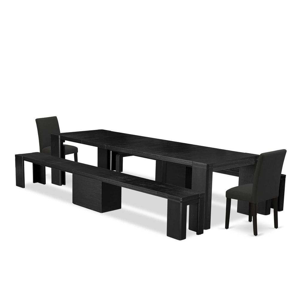 Luxe East West Furniture X02AB-206-24 5-piece Dining Room Table Set a Rectangular Kitchen Table and 2 wooden Benches and 2 Black Linen Fabric Dining Chair