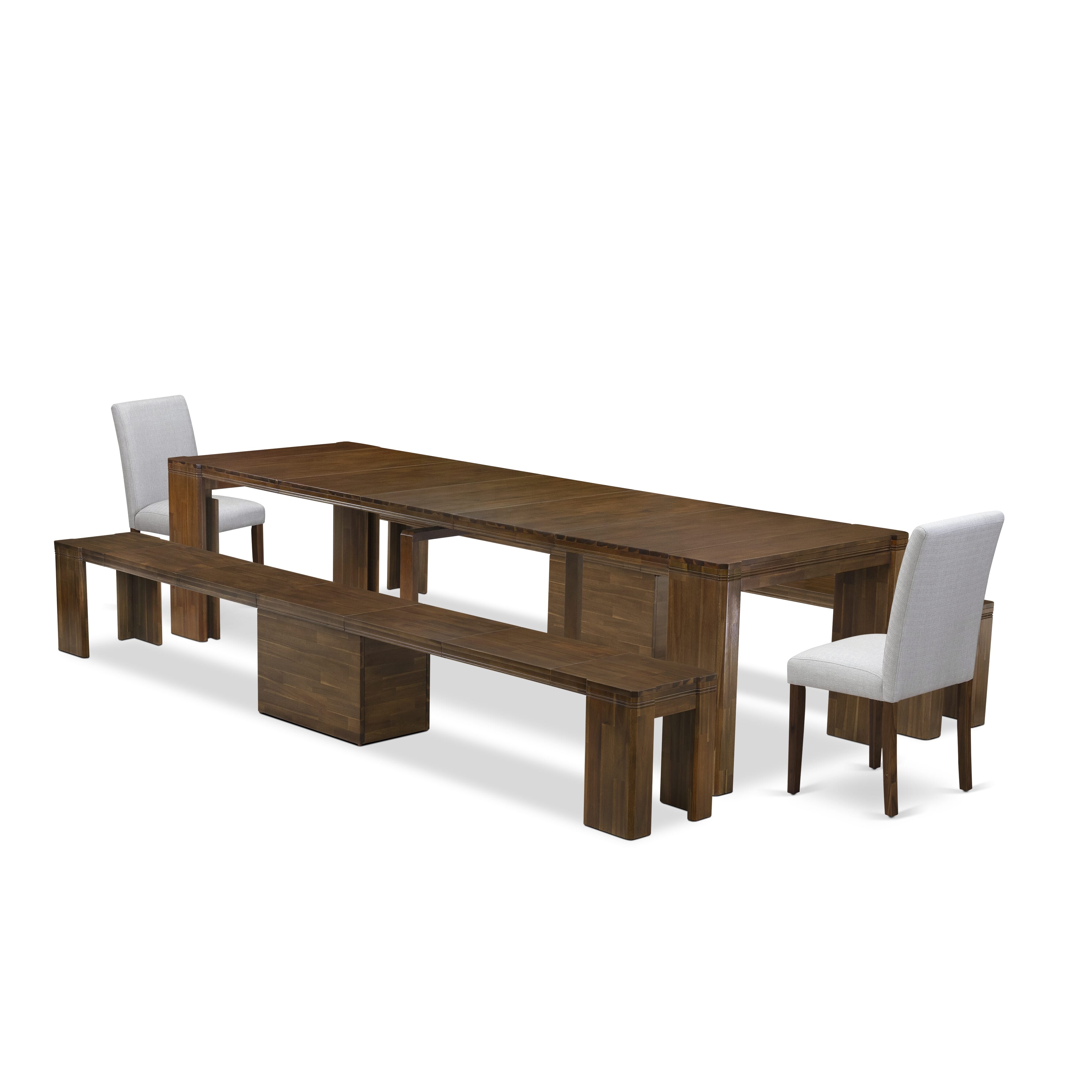X02AB-208-05 -5 Pieces Extendable Dining Set Includes a Rectangle Xtenczar Dining Table, 2 Gray Linen Fabric Dining Chairs and 2 Modern Benches, Antique Walnut