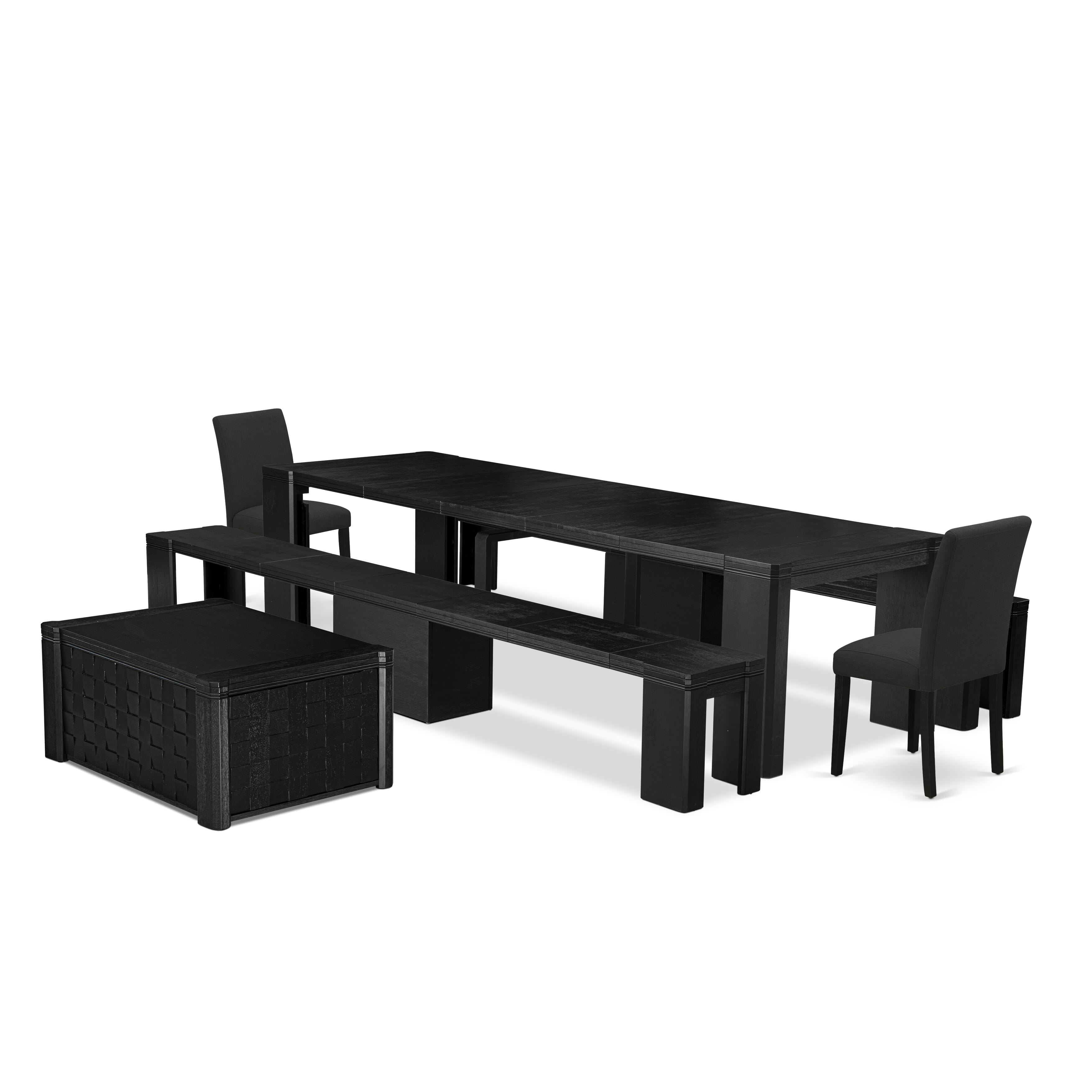 X02AB-2C6-24 5-pc Xtenczar Dining Table Set a Rectangular Kitchen Table with a coffee Table and 2 wooden Benches and 2 Black Linen Fabric Dining Chair, Wire Brushed Black