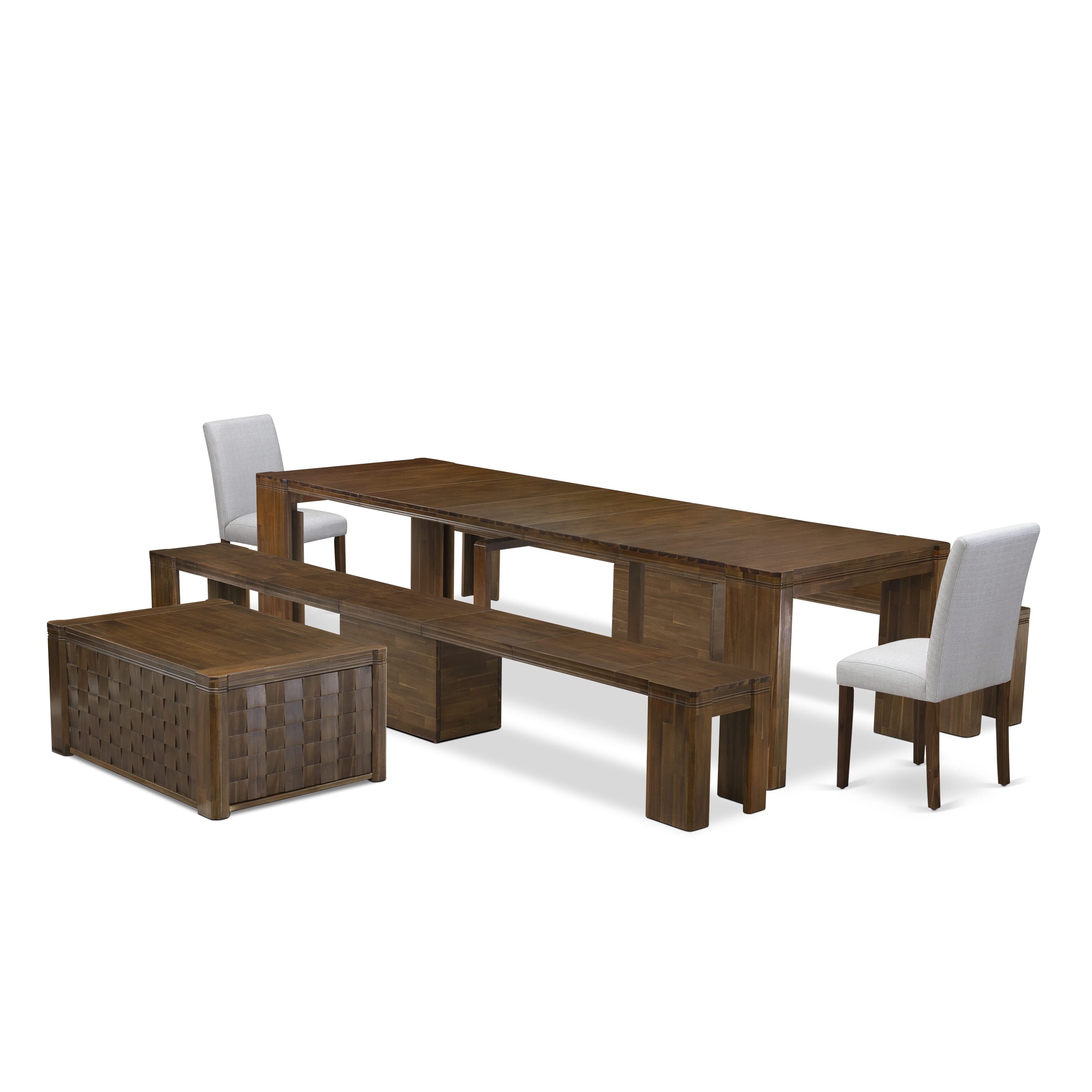 X02AB-2C8-05 -6 Pc Extendable Dining Set Includes a Rectangle Xtenczar Dining Table, 1 Coffee Table, 2 Gray Linen Fabric Dining Chairs and 2 Modern Benches, Antique Walnut