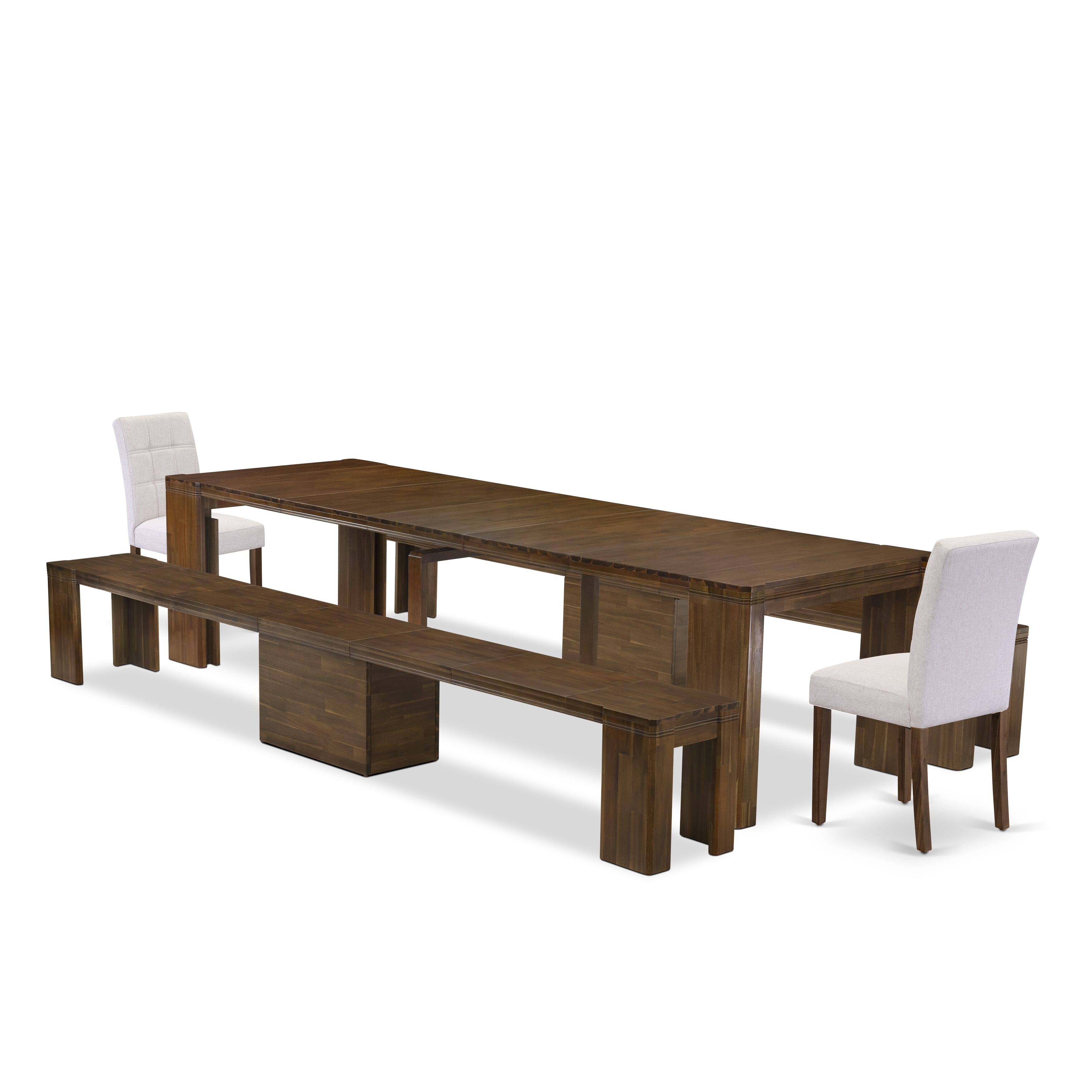 X02AS-208-27-5 Pieces Extendable Dining Set Includes a Rectangle Xtenczar Kitchen Table, 2 Light Gray Faux Leather Dining Chairs and 2 Modern Benches, Antique Walnut