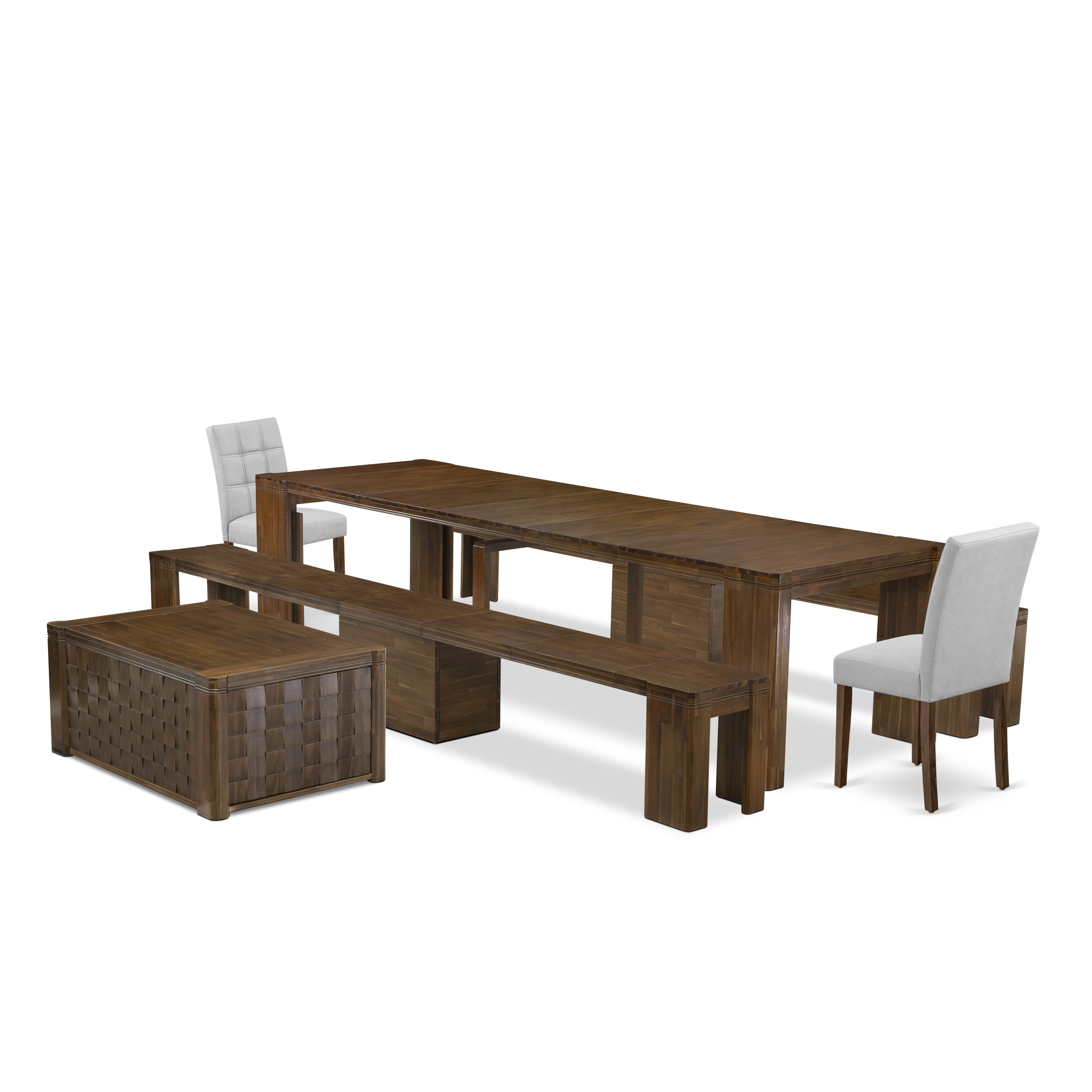 X02AS-2C8-08 -6 Pc Extendable Dining Set Includes a Rectangle Xtenczar Dining Table, 1 Coffee Table, 2 Mist Beige Fabric Dining Chairs and 2 Modern Benches, Antique Walnut