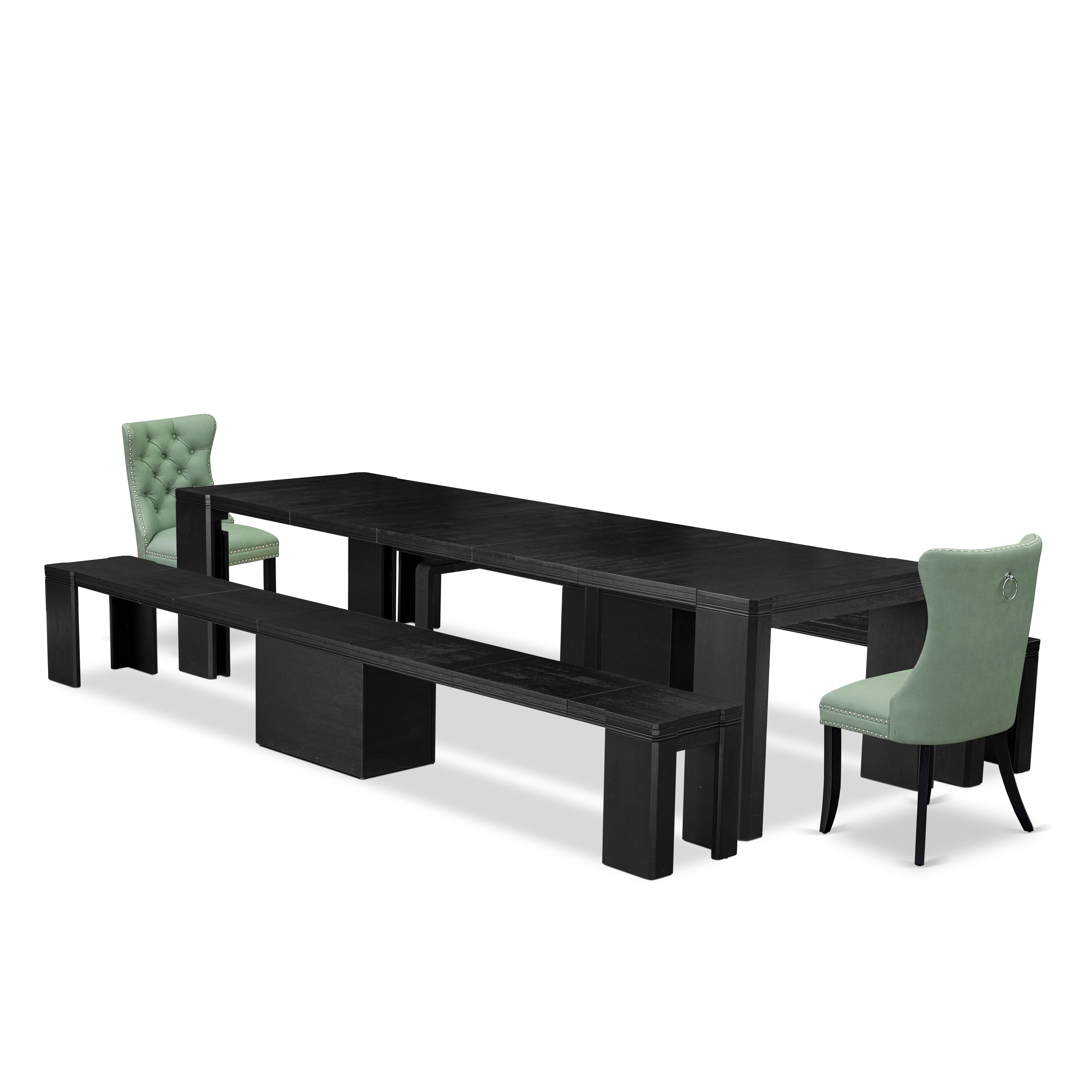 Luxe East West Furniture X02DA-206-22 Juego de mesa de comedor de 5 piezas, una mesa de cocina rectangular, 2 bancos de madera y 2 sillas de comedor de cuero sintético verde sauce