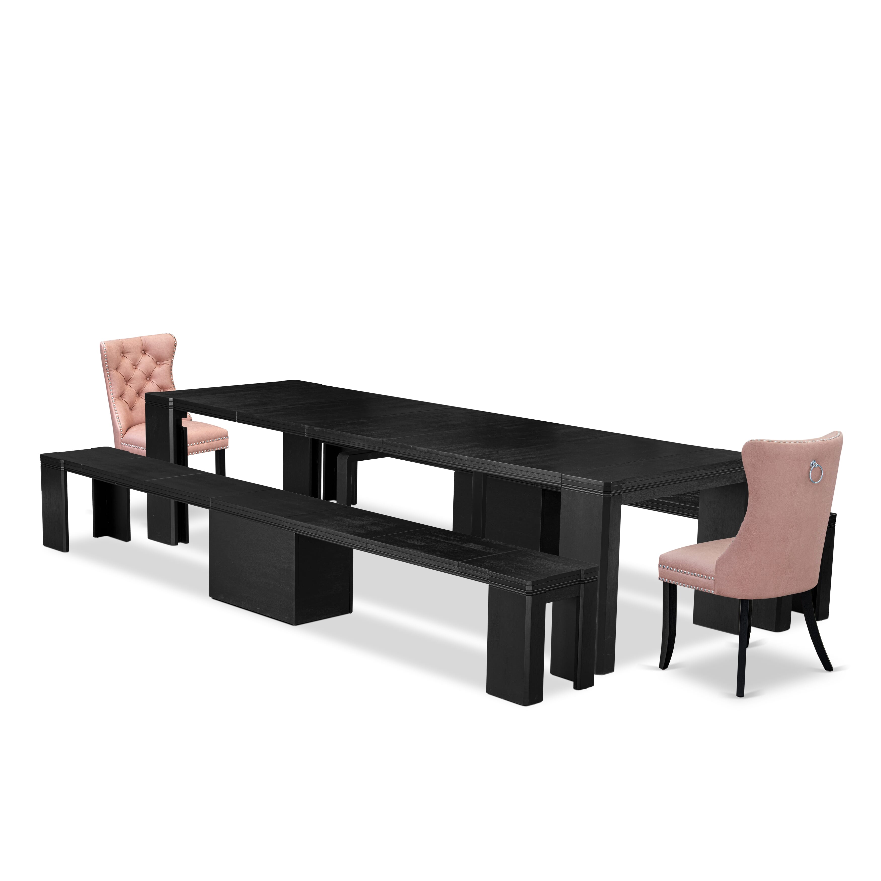 X02DA-206-23 5-piece Xtenczar Dining Table Set a Rectangular Kitchen Table and 2 wooden Benches and 2 Beige Red Faux Leather Dining Chair, Wire Brushed Black