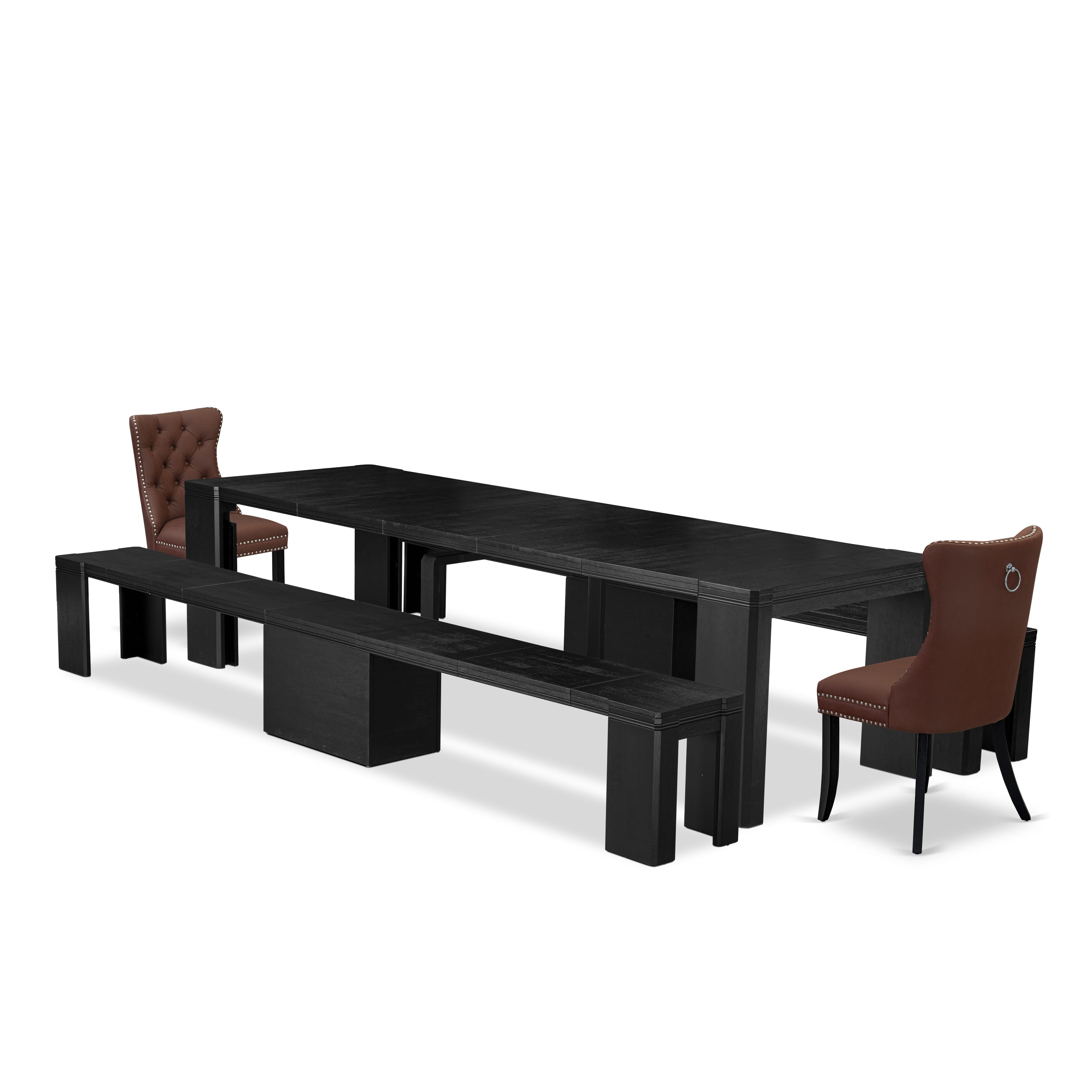 X02DA-206-26 5-piece Xtenczar Dining Table Set a Rectangular Kitchen Table and 2 wooden Benches and 2 Burgundy Faux Leather Dining Chair, Wire Brushed Black