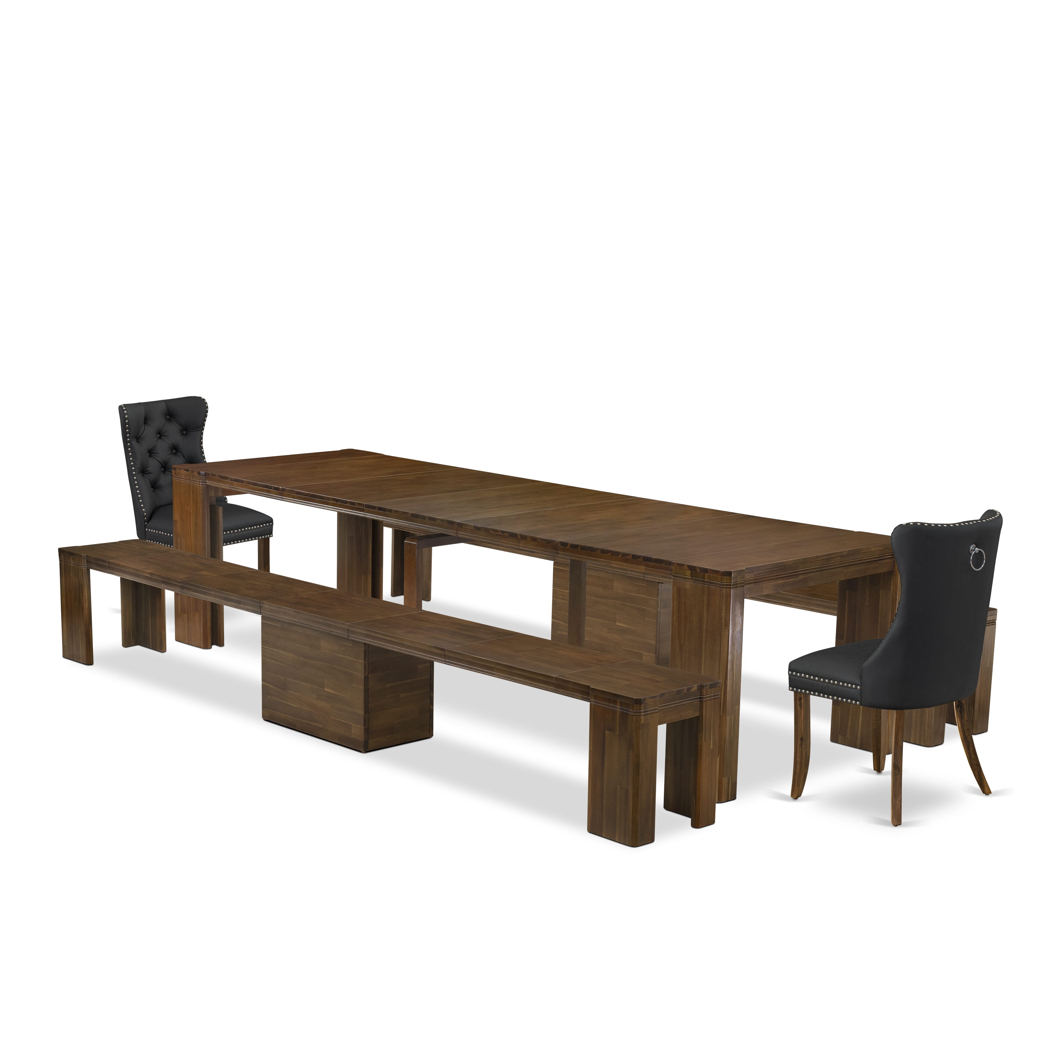 X02DA-208-12-5 Pieces Extendable Dining Set Includes a Rectangle Xtenczar Kitchen Table, 2 Dark Gray Faux Leather Dining Chairs and 2 Modern Benches, Antique Walnut