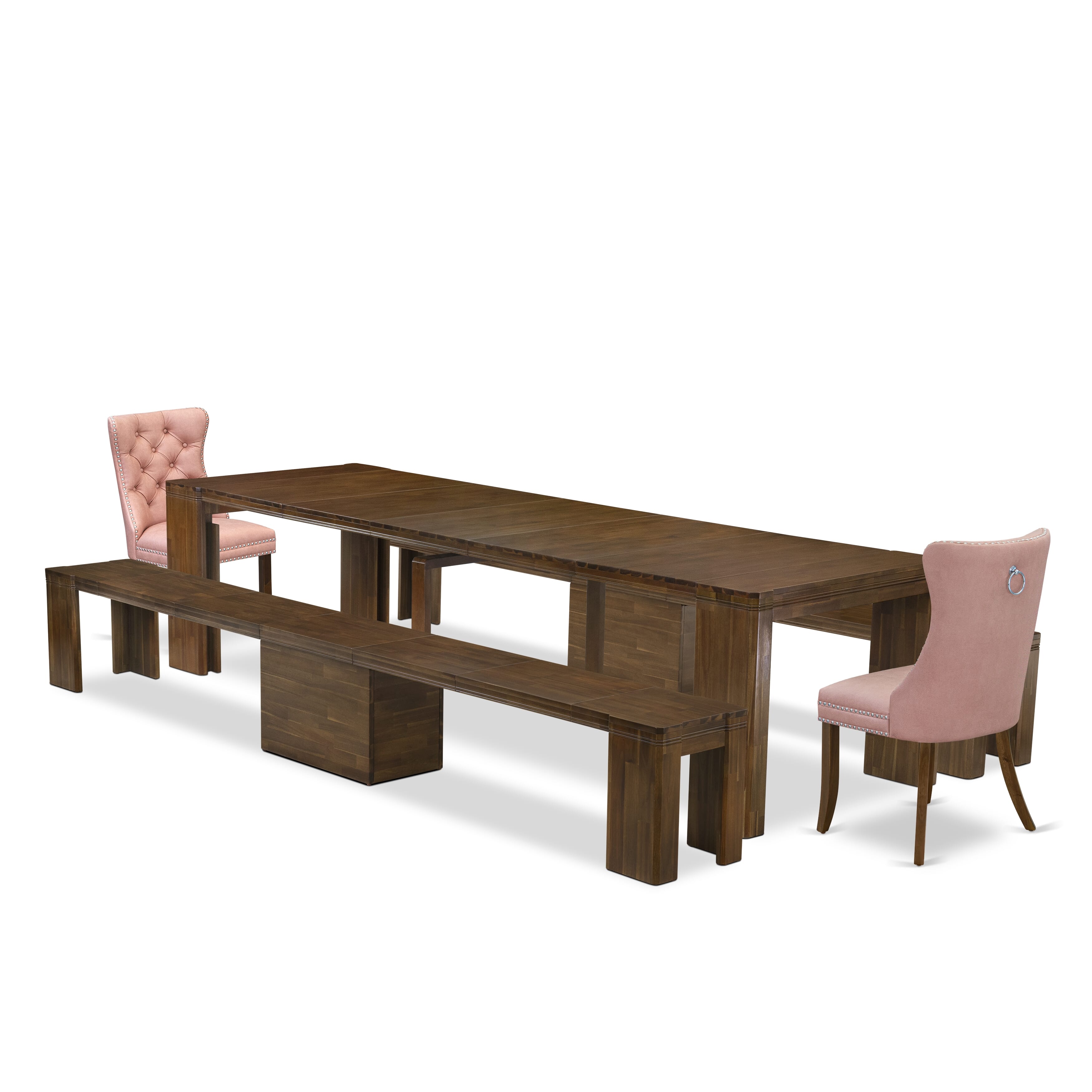 X02DA-208-23-5 Pieces Extendable Dining Set Includes a Rectangle Xtenczar Table, 2 Beige Red Faux Leather Dining Chairs and 2 Modern Benches, Antique Walnut