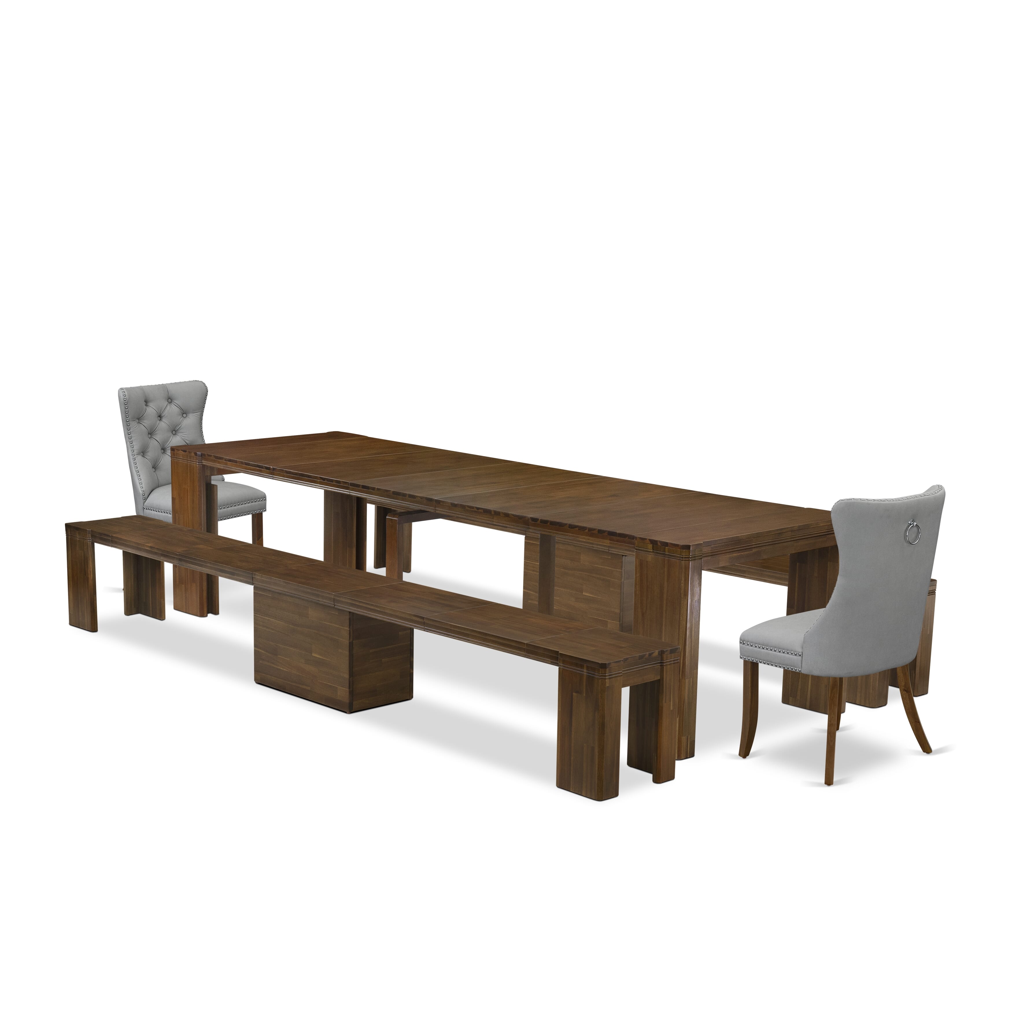 X02DA-208-27-5 Pieces Extendable Dining Set Includes a Rectangle Xtenczar Table, 2 Light Gray Faux Leather Dining Chairs and 2 Modern Benches, Antique Walnut