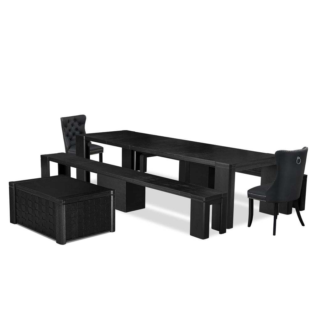 Luxe East West Furniture X02DA-2C6-12 Juego de mesa de cocina de 6 piezas, una mesa de comedor rectangular con una mesa de centro y 2 bancos de madera, 2 sillas de comedor de cuero sintético gris oscuro