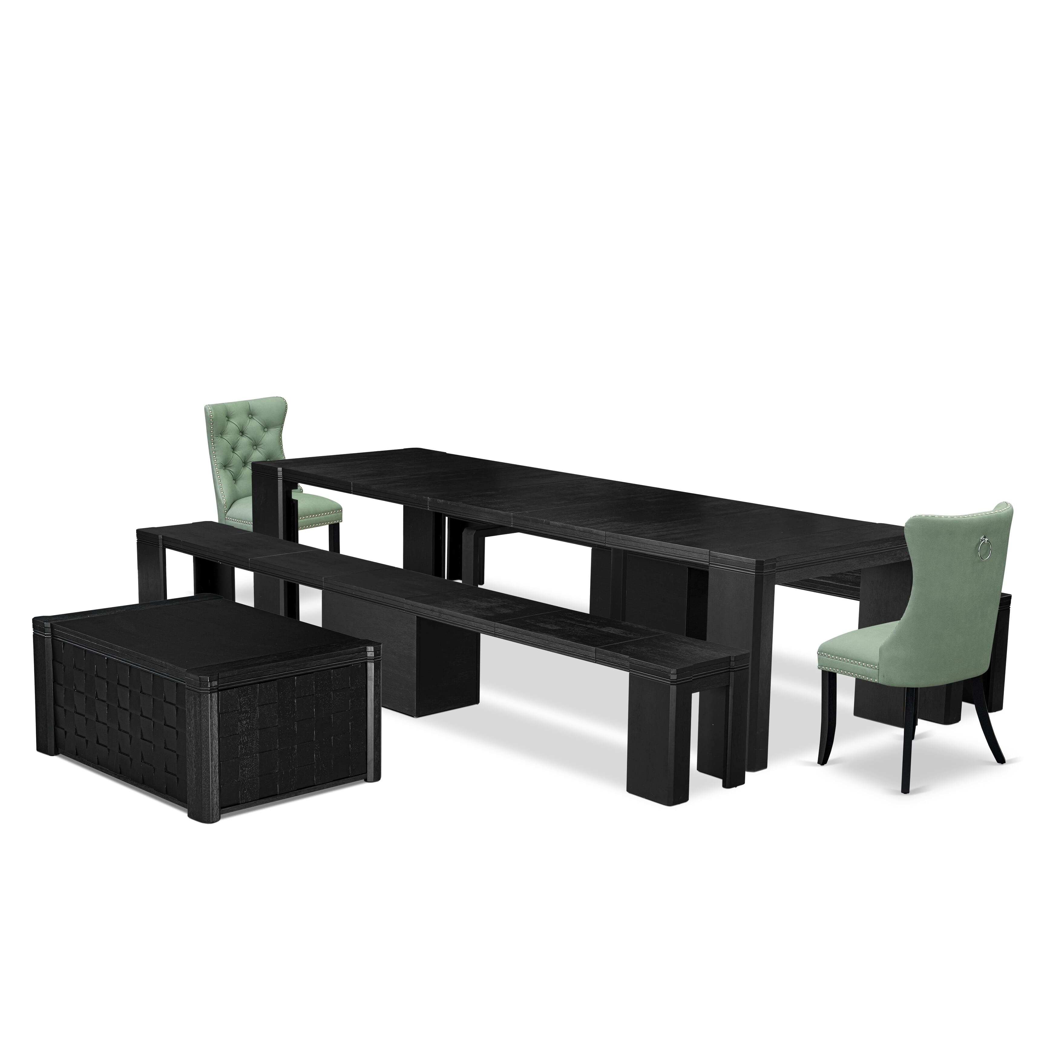X02DA-2C6-22 6-pc Dining Table Set a Rectangular Xtenczar Dining Table with a coffee Table and 2 wooden Benches and 2 Willow Green Leather Kitchen Chair, Wire Brushed Black