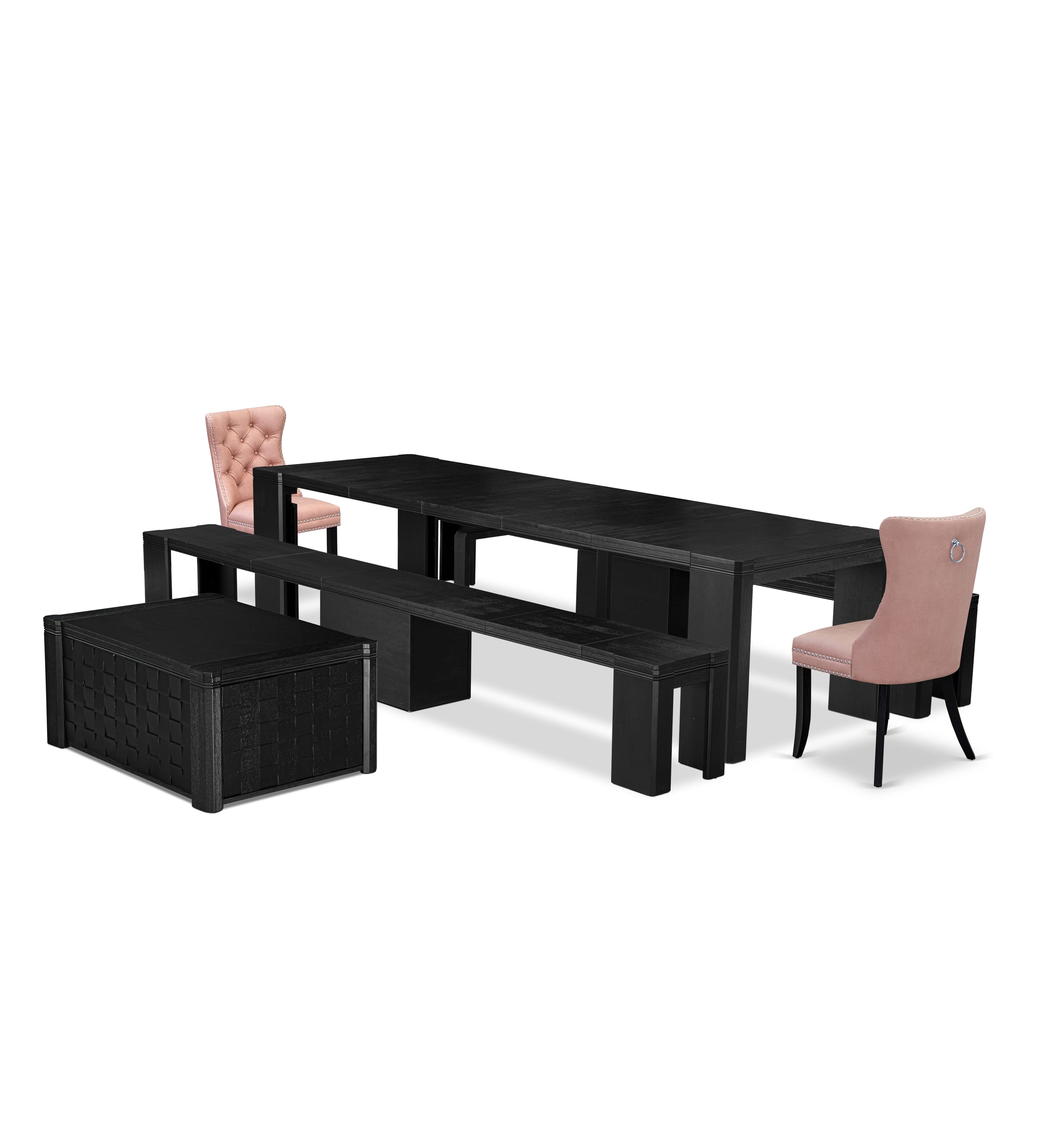 X02DA-2C6-23 6-piece Xtenczar Dining Table Set a Rectangular Kitchen Table with a coffee Table and 2 wooden Benches and 2 Beige Red Leather Dining Chair, Wire Brushed Black