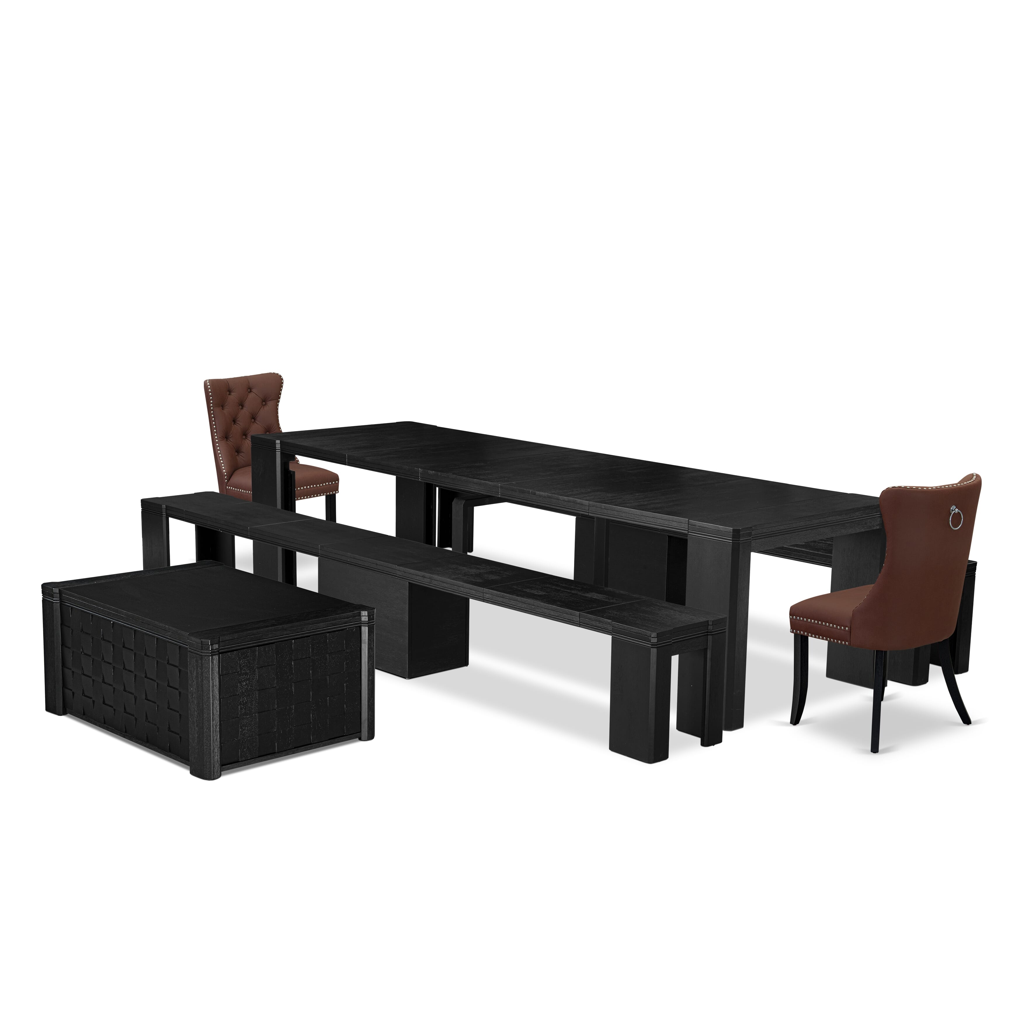 Luxe East West Furniture X02DA-2C6-26 Juego de mesa de comedor moderna de 6 piezas: una mesa de comedor rectangular con una mesa de centro, 2 bancos de madera y 2 sillas de cocina de piel sintética color burdeos