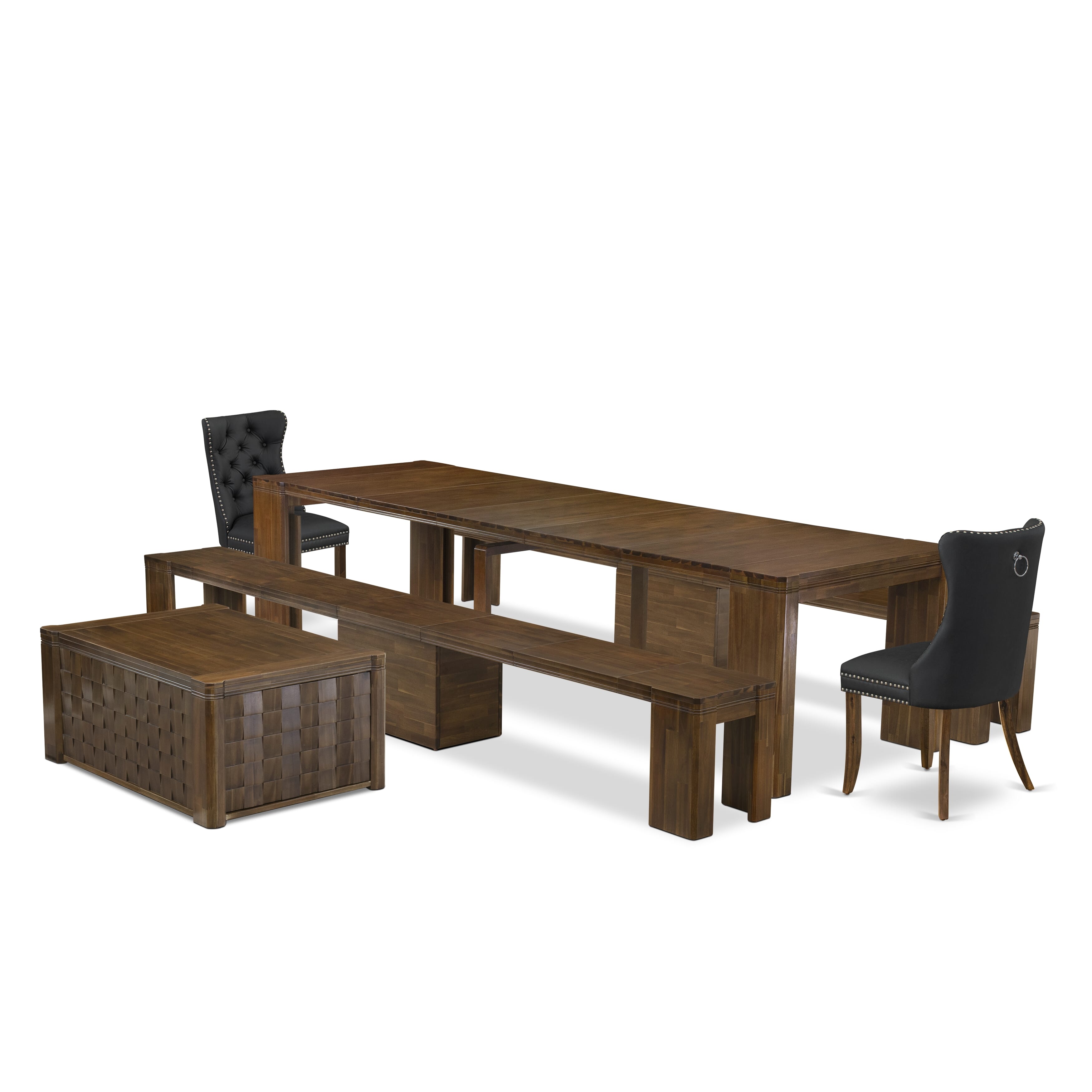 X02DA-2C8-12 -6 Pc Extendable Dining Set Includes a Rectangle Xtenczar Kitchen Table, 1 Coffee Table, 2 Dark Gray Leather Chairs and 2 Modern Benches, Antique Walnut