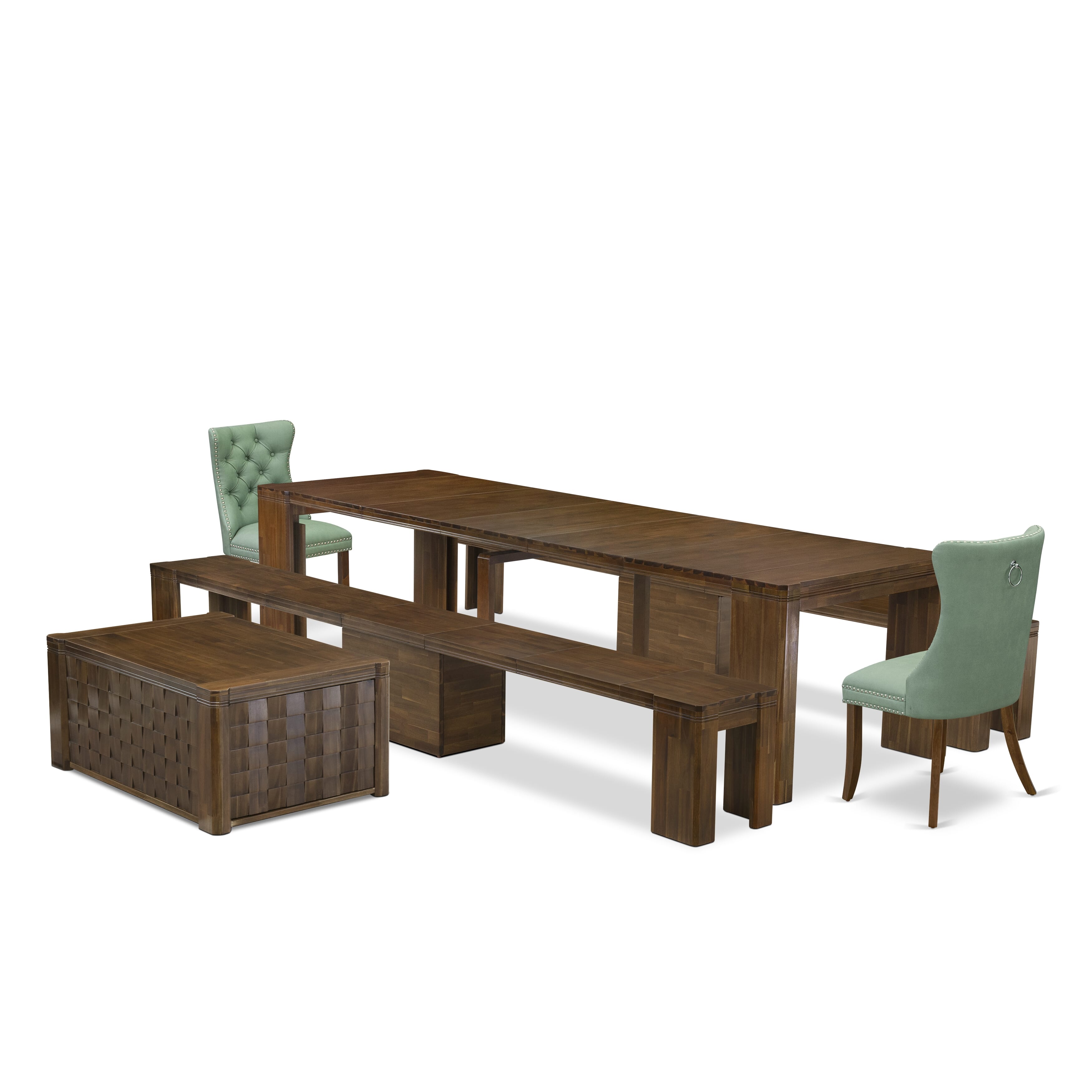 X02DA-2C8-22 -6 Pc Extendable Dining Set Includes a Rectangle Xtenczar Kitchen Table, 1 Coffee Table, 2 Willow Green Leather Chairs and 2 Modern Benches, Antique Walnut