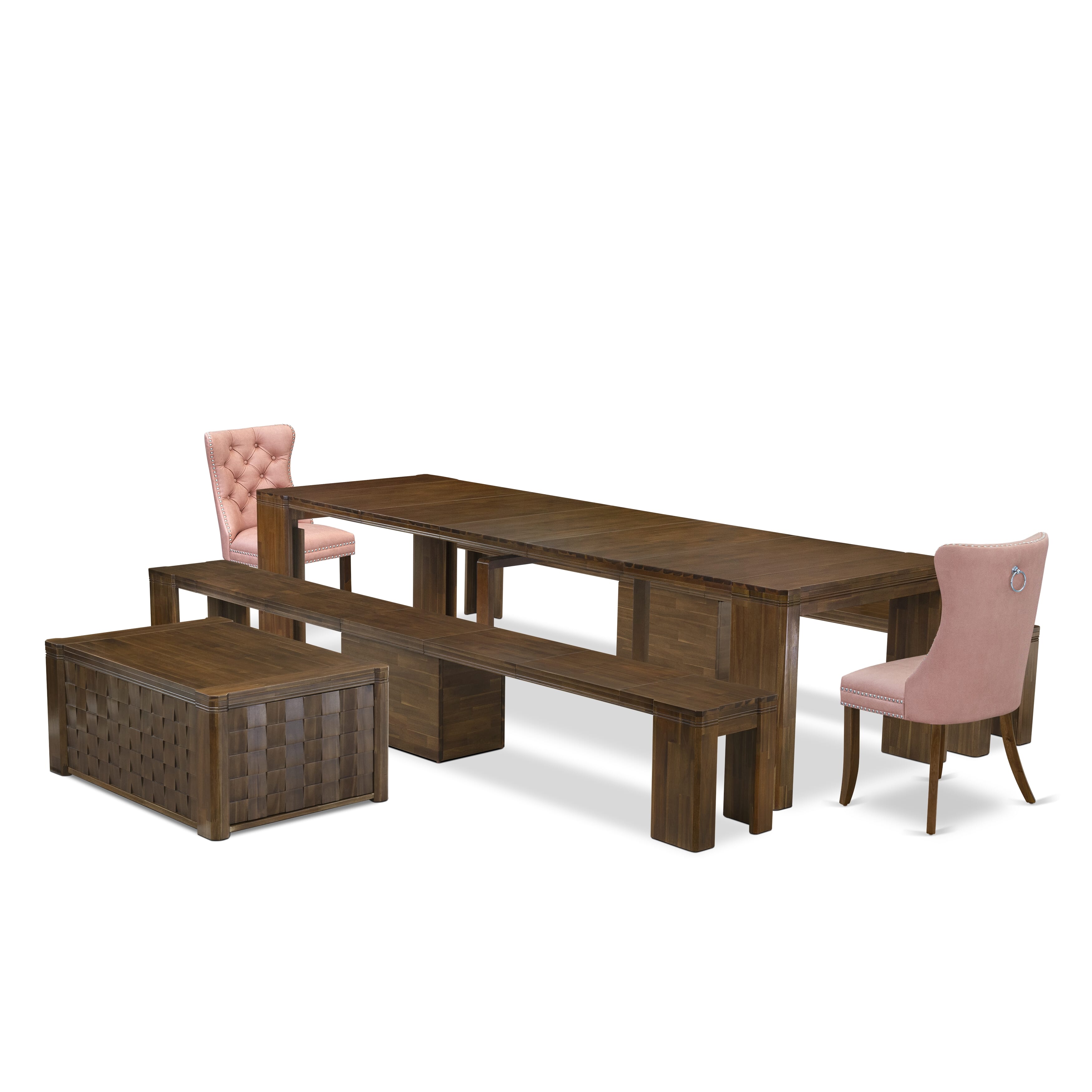 X02DA-2C8-23 -6 Pc Extendable Dining Set Includes a Rectangle Xtenczar Table, 1 Coffee Table, 2 Beige Red Leather Dining Chairs and 2 Modern Benches, Antique Walnut