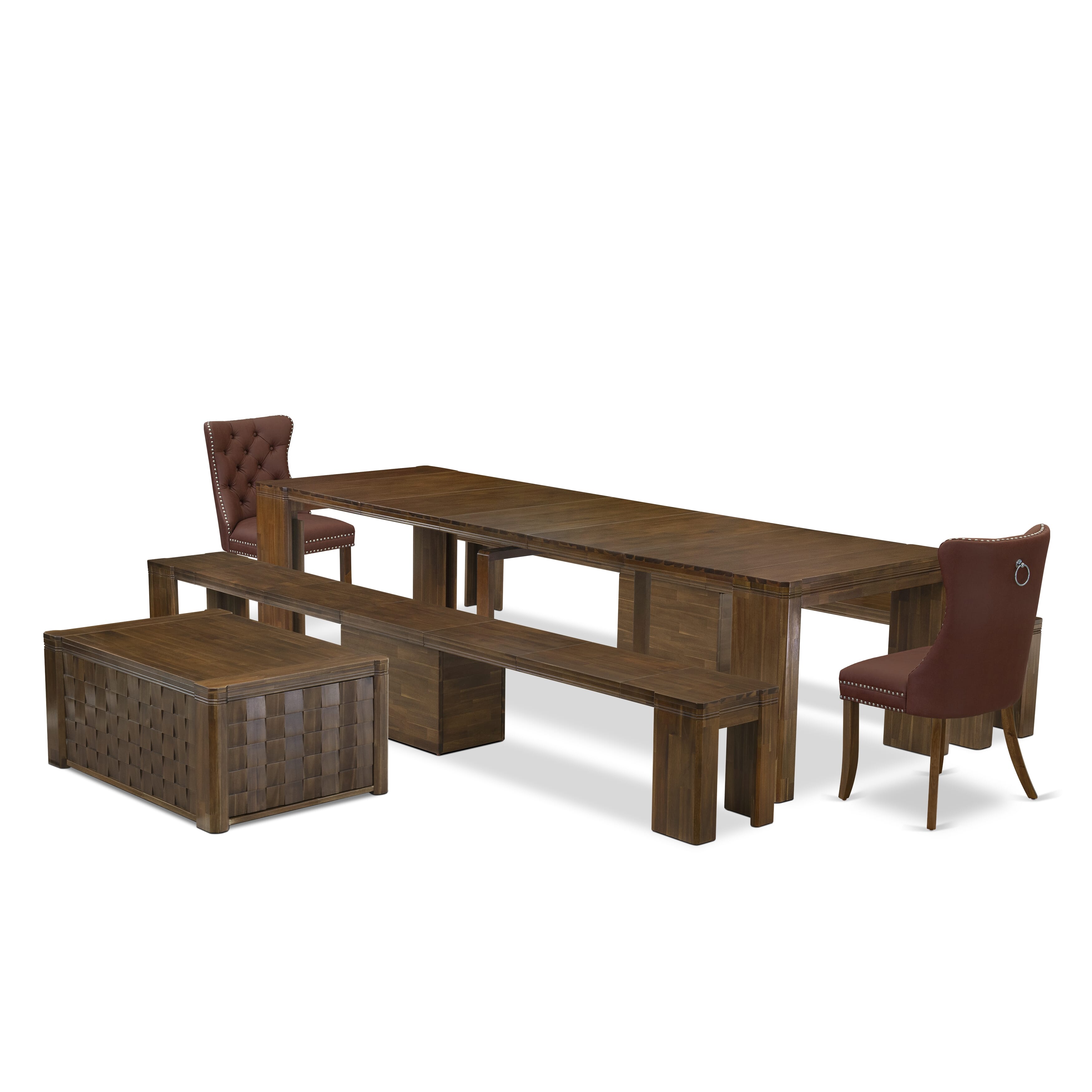 X02DA-2C8-26 -6 Pc Extendable Dining Set Includes a Rectangle Xtenczar Kitchen Table, 1 Coffee Table, 2 Burgundy Leather Chairs and 2 Modern Benches, Antique Walnut