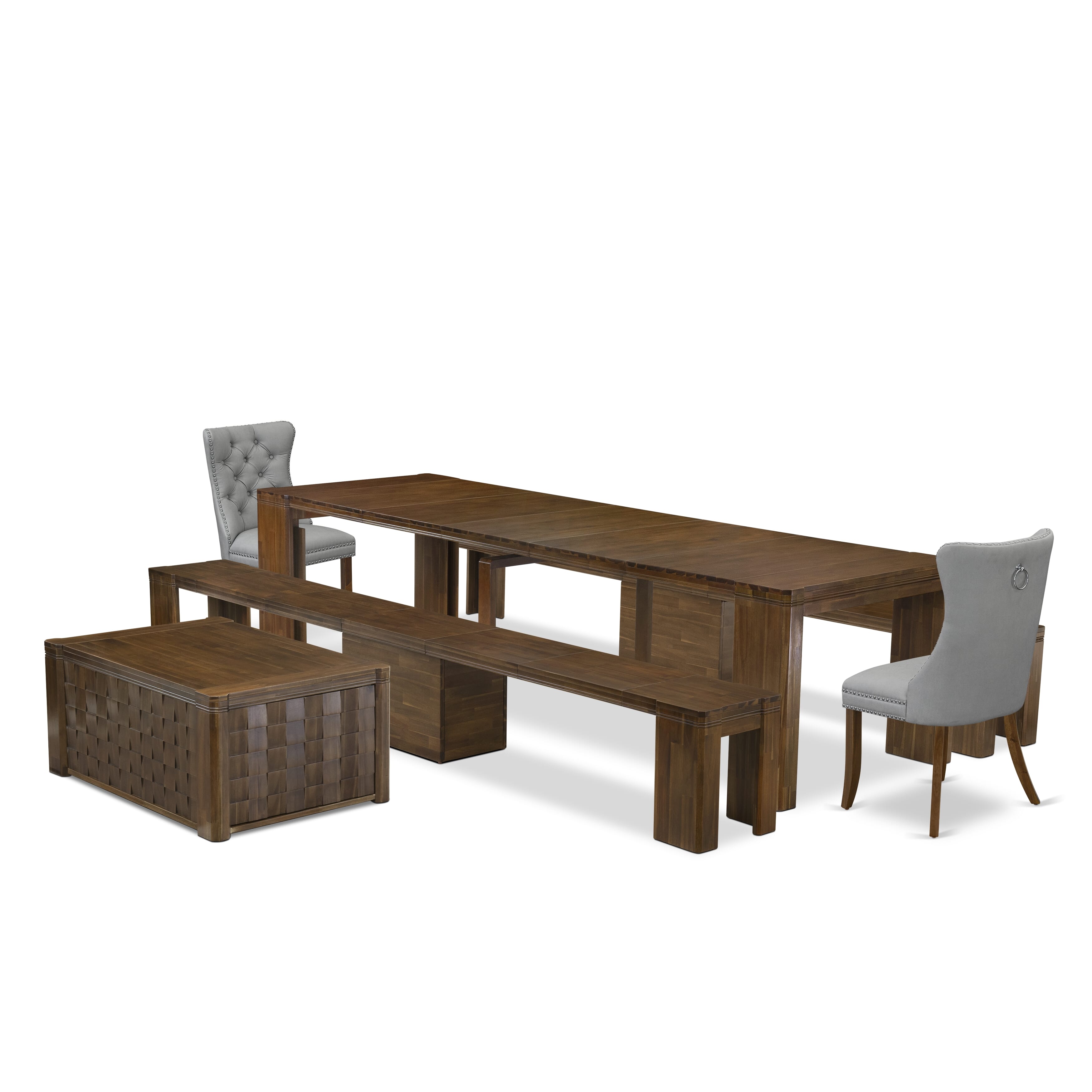X02DA-2C8-27 -6 Pc Extendable Dining Set Includes a Rectangle Xtenczar Table, 1 Coffee Table, 2 Light Gray Leather Chairs and 2 Modern Benches, Antique Walnut