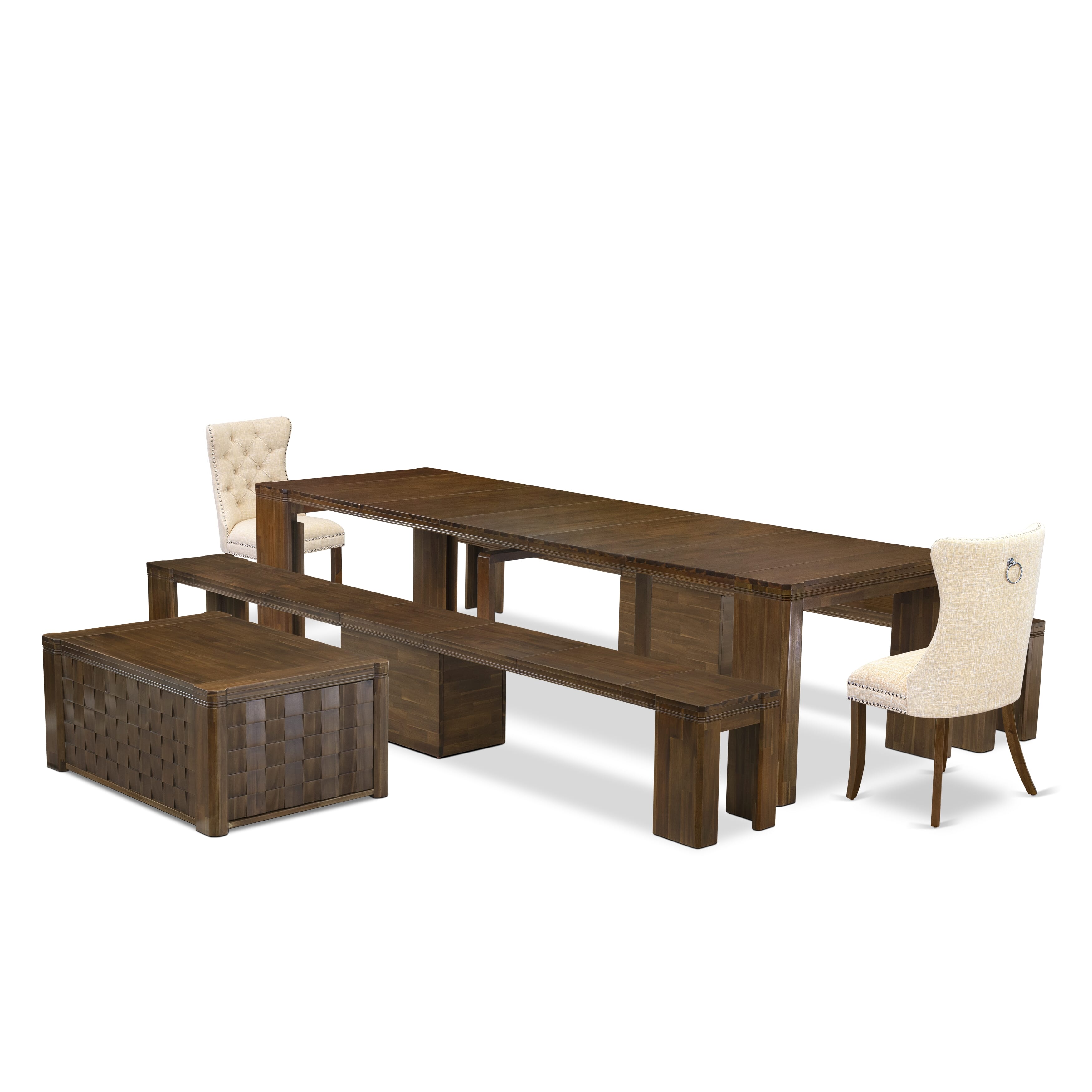 X02DA-2C8-32 -6 Pc Extendable Dining Set Includes a Rectangle Xtenczar Table, 1 Coffee Table, 2 Light Beige Fabric Dining Chairs and 2 Modern Benches, Antique Walnut