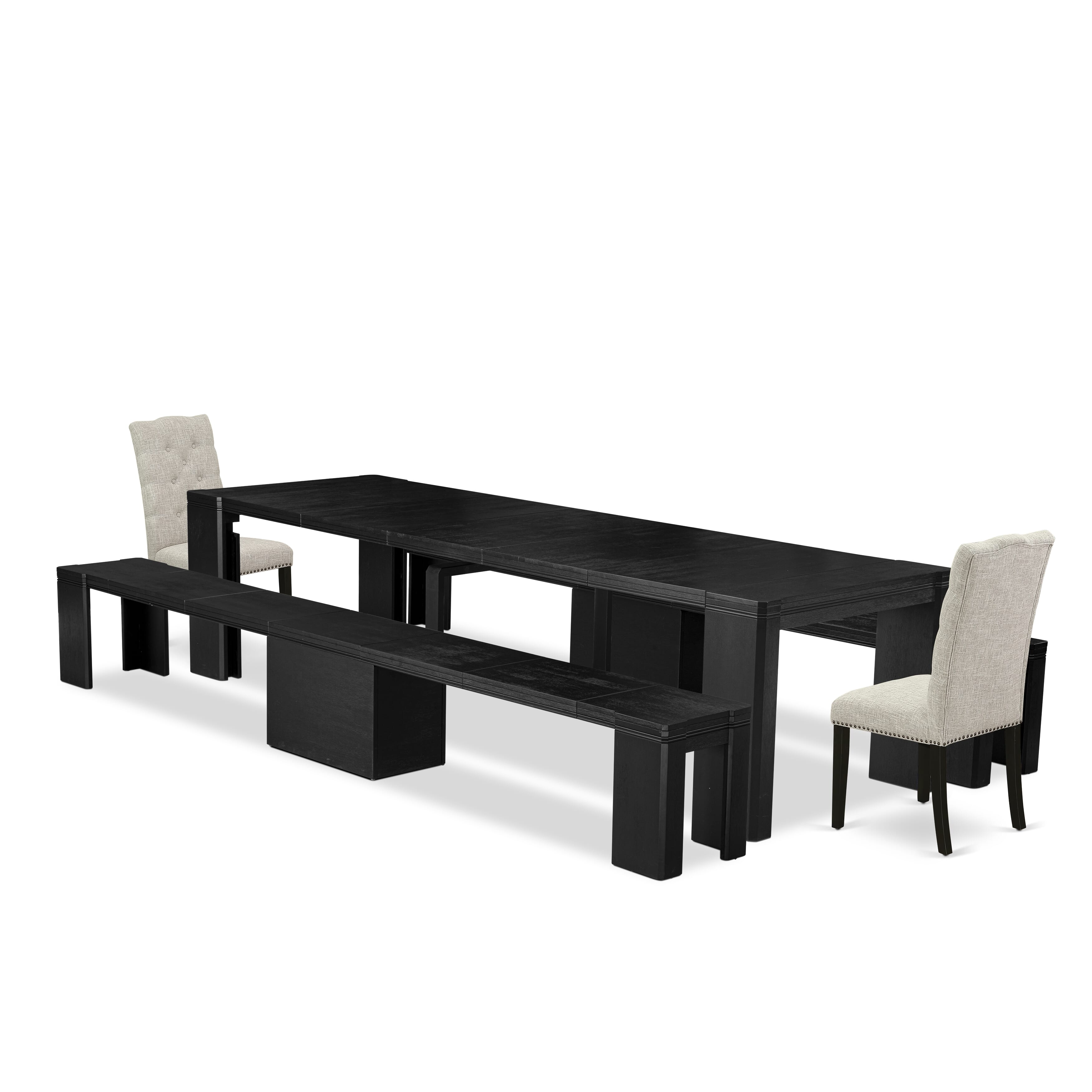 X02EL-206-35 5-piece Modern Xtenczar Dining Table Set a Rectangular Kitchen Table and 2 wooden Benches and 2 Doeskin Linen Fabric Dining Chair, Wire Brushed Black