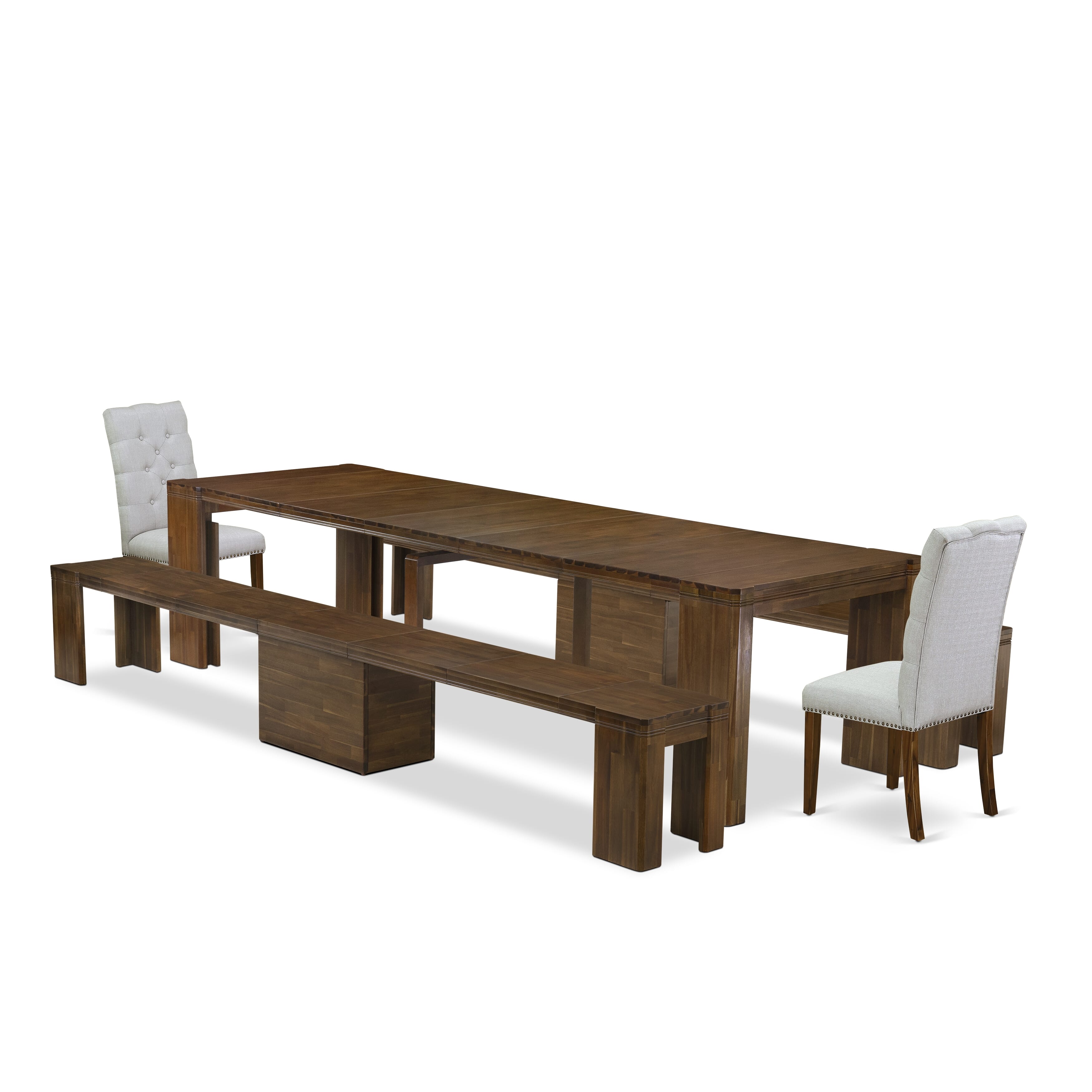 X02EL-208-05 -5 Pieces Extendable Dining Set Includes a Rectangle Xtenczar Dining Table, 2 Grey Linen Fabric Dining Chairs and 2 Modern Benches, Antique Walnut