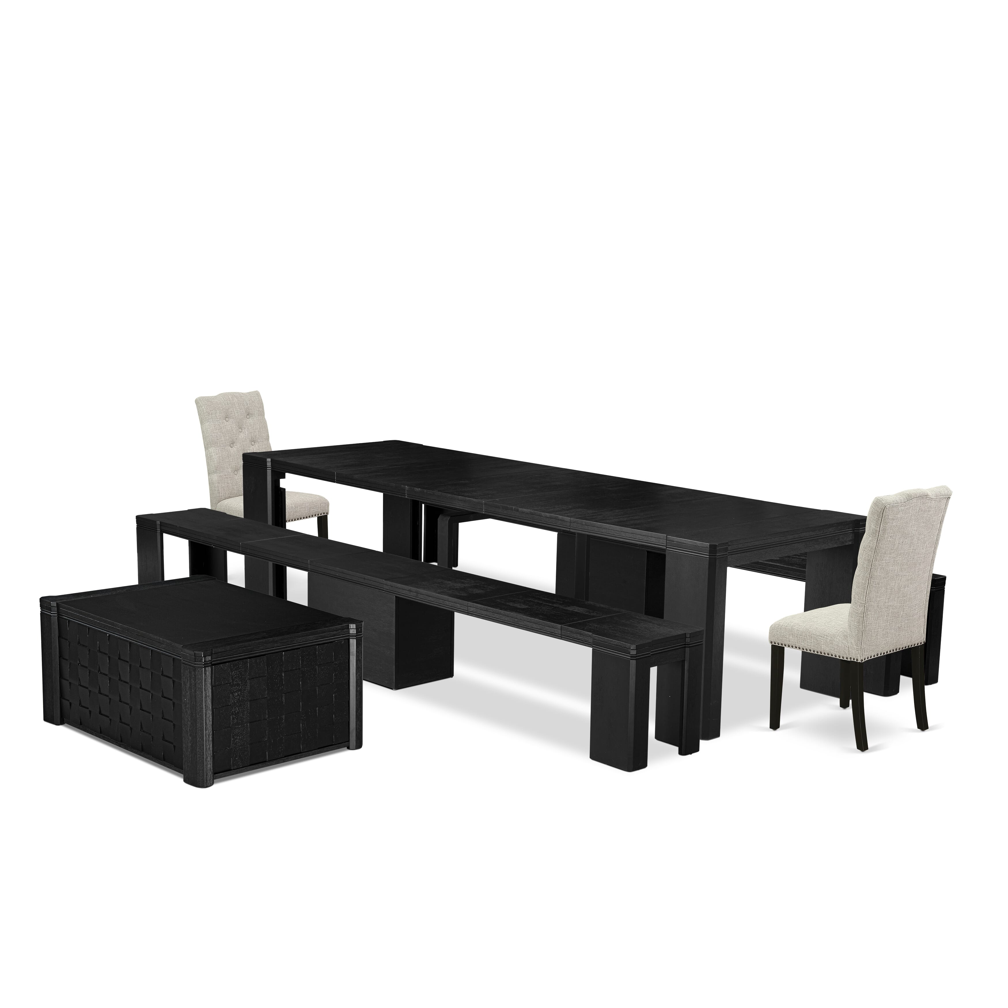 X02EL-2C6-35 6-pc Dining Table Set a Rectangular Xtenczar Dining Table with a coffee Table and 2 wooden Benches and 2 Doeskin Linen Fabric kitchen Chair, Wire Brushed Black