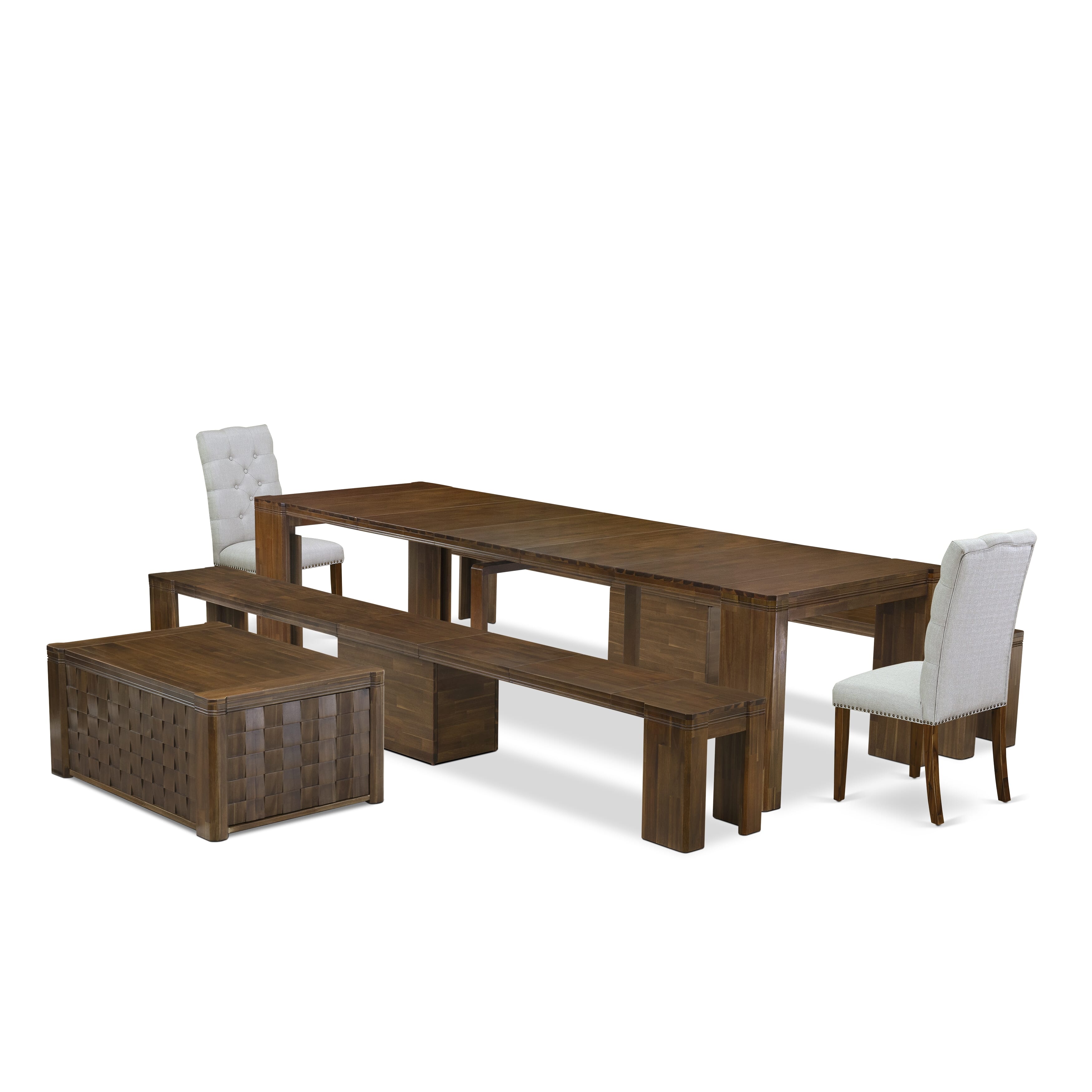 X02EL-2C8-05 -6 Pc Extendable Dining Set Includes a Rectangle Xtenczar Dining Table, 1 Coffee Table, 2 Grey Linen Fabric Dining Chairs and 2 Modern Benches, Antique Walnut