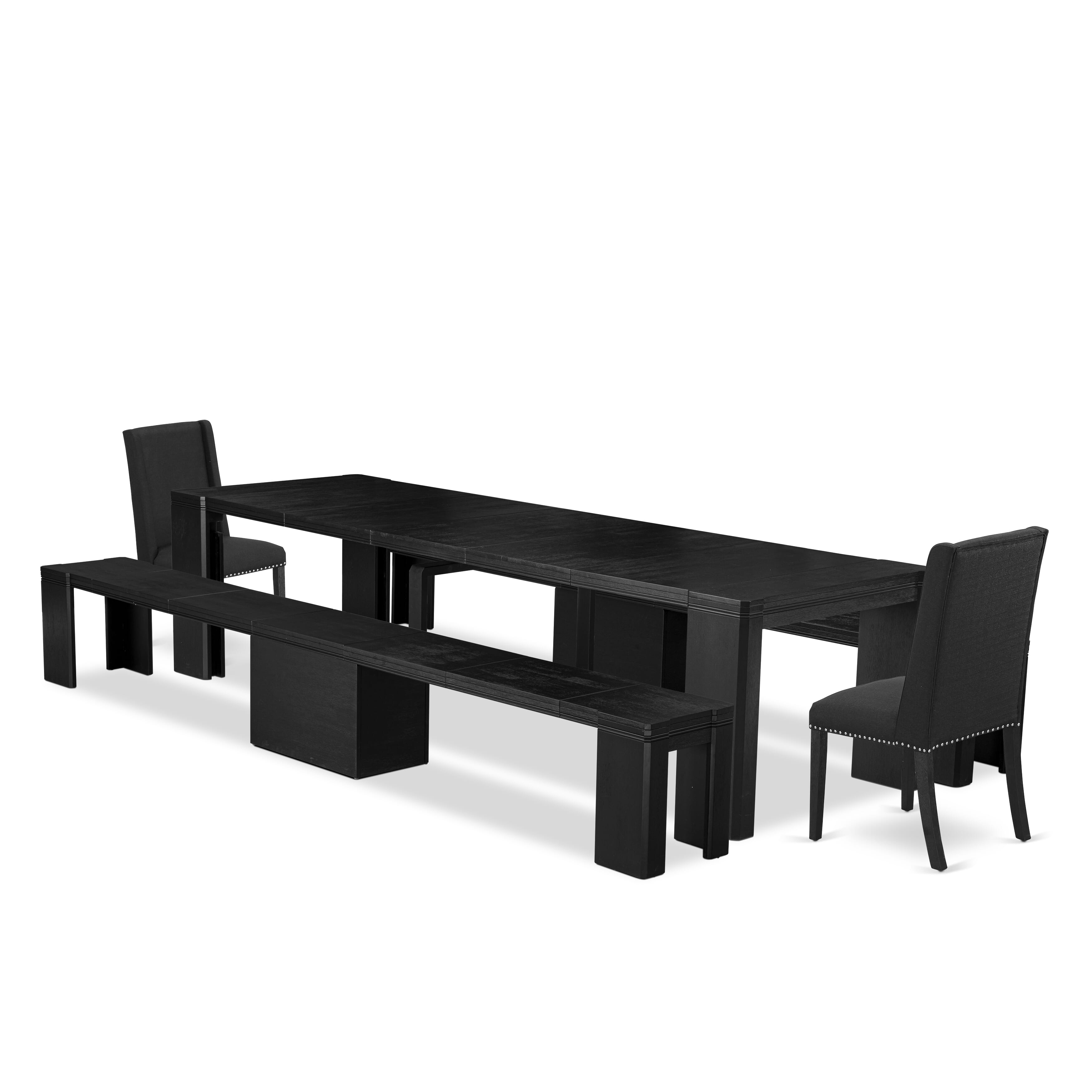 X02FL-206-24 5-piece Xtenczar Dining Table Set a Rectangular Xtenczar Dining Table and 2 wooden benches 12 Black Linen Fabric kitchen Chair, Wire Brushed Black